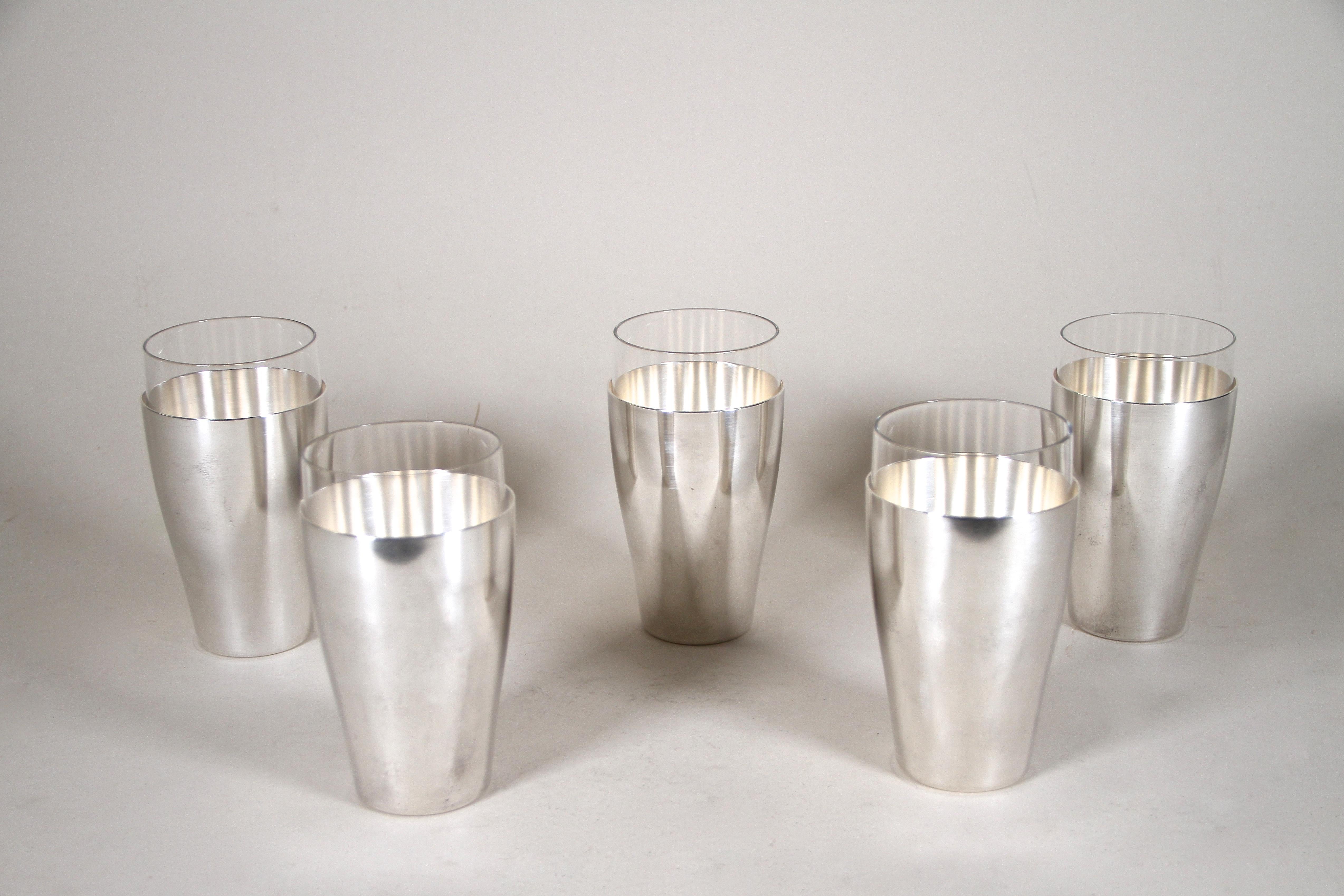 Brass Art Deco Silvered Cocktail Glasses Set of Nine by WMF, Germany circa 1930