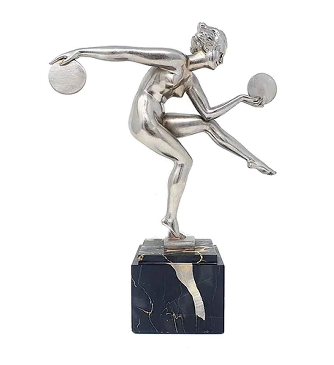 Art Deco Silvered Female Dancer By Marcel Bouraine, France, c1930 In Good Condition For Sale In Devon, England