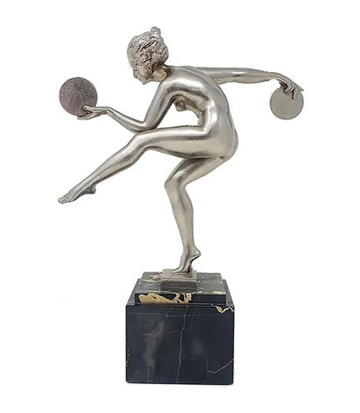 Art Deco Silvered Female Dancer By Marcel Bouraine, France, c1930 For Sale 1