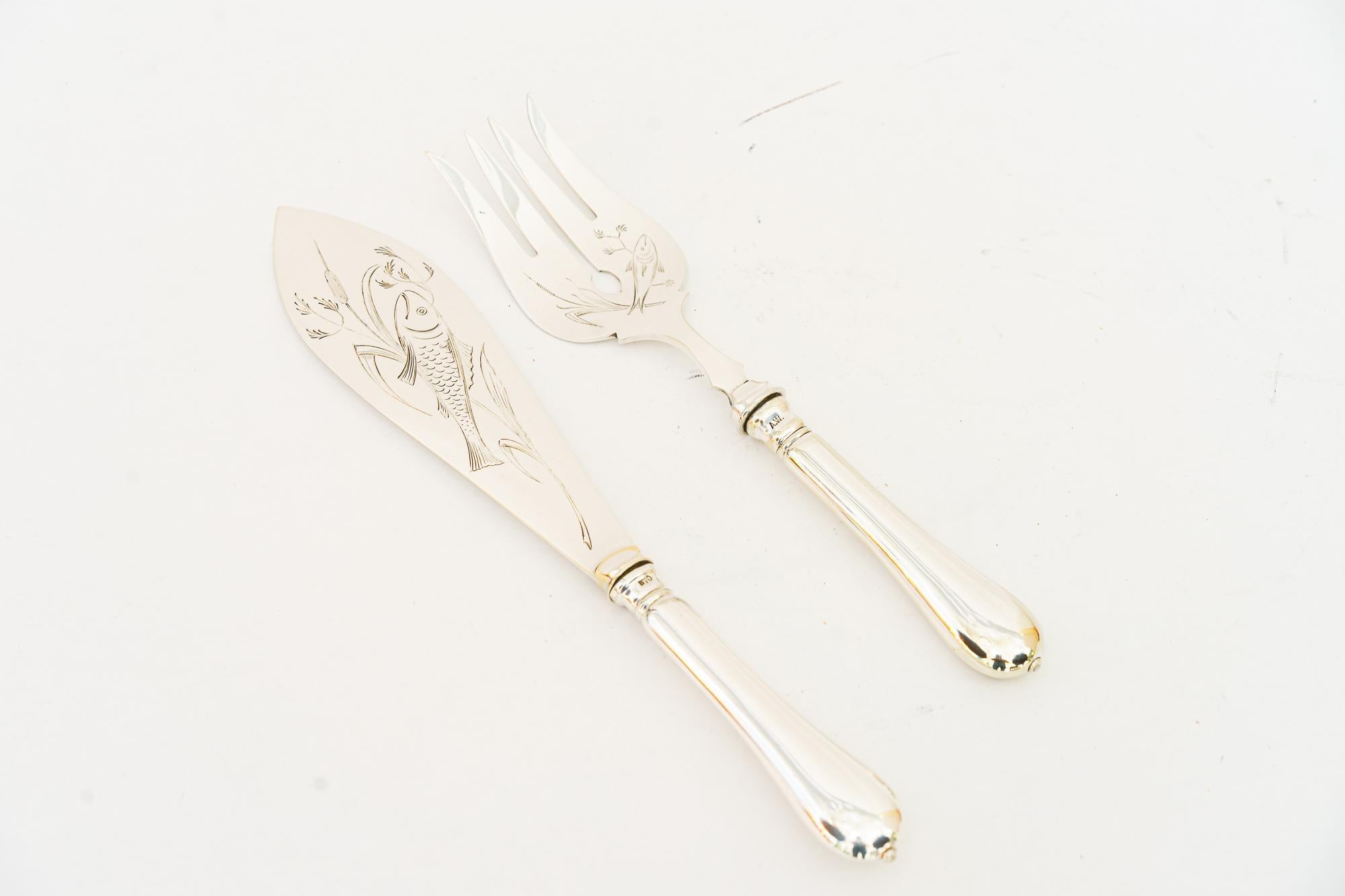 Art Deco  Art deco Silvered Fish Knife and Fork Serving Set vienna around 1920s For Sale