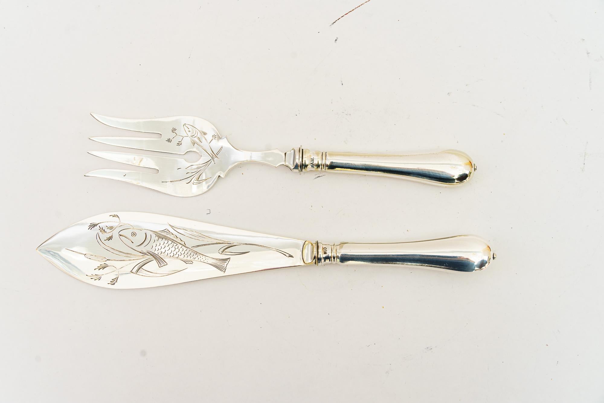 Austrian  Art deco Silvered Fish Knife and Fork Serving Set vienna around 1920s For Sale
