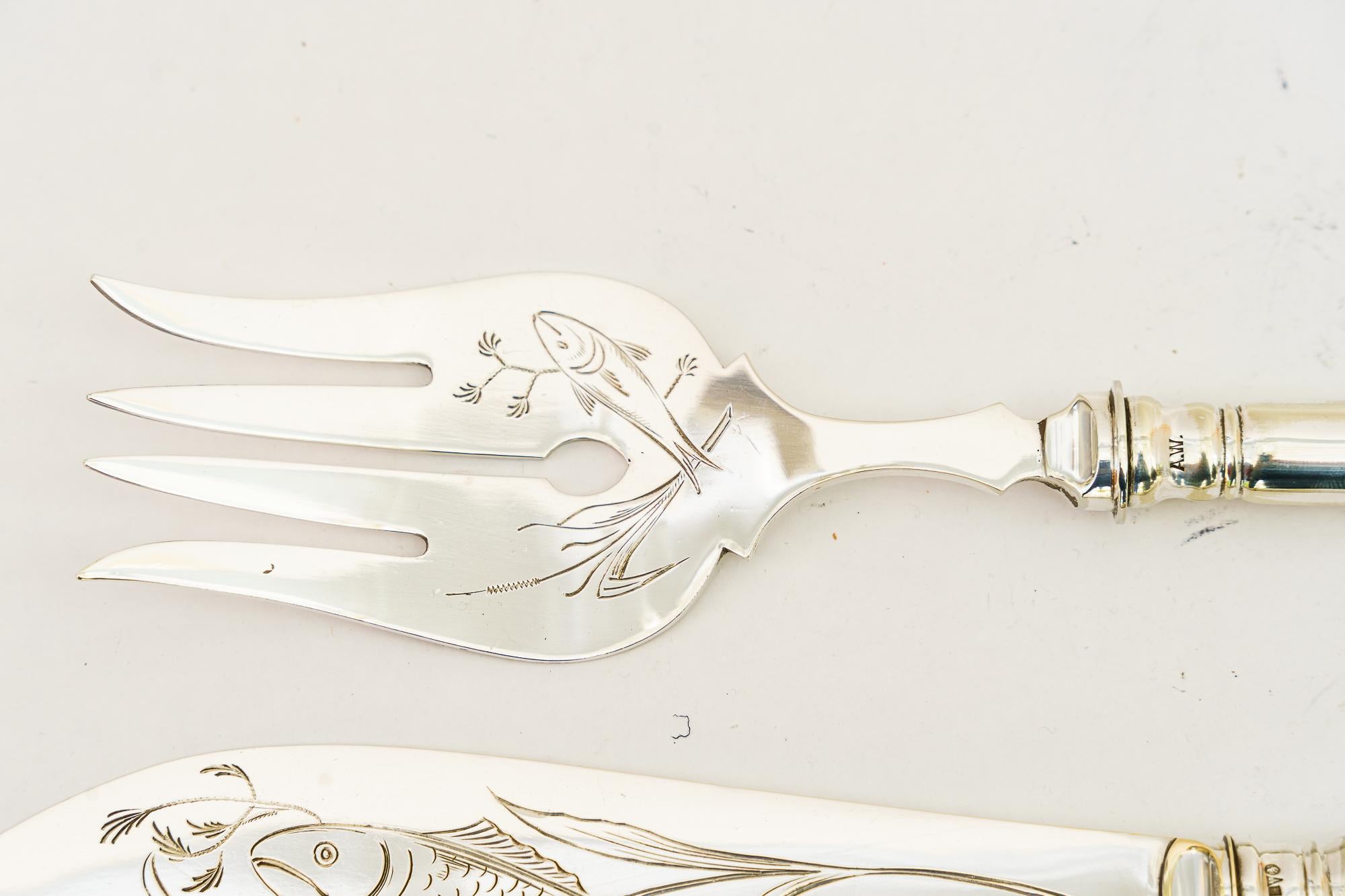 Early 20th Century  Art deco Silvered Fish Knife and Fork Serving Set vienna around 1920s For Sale