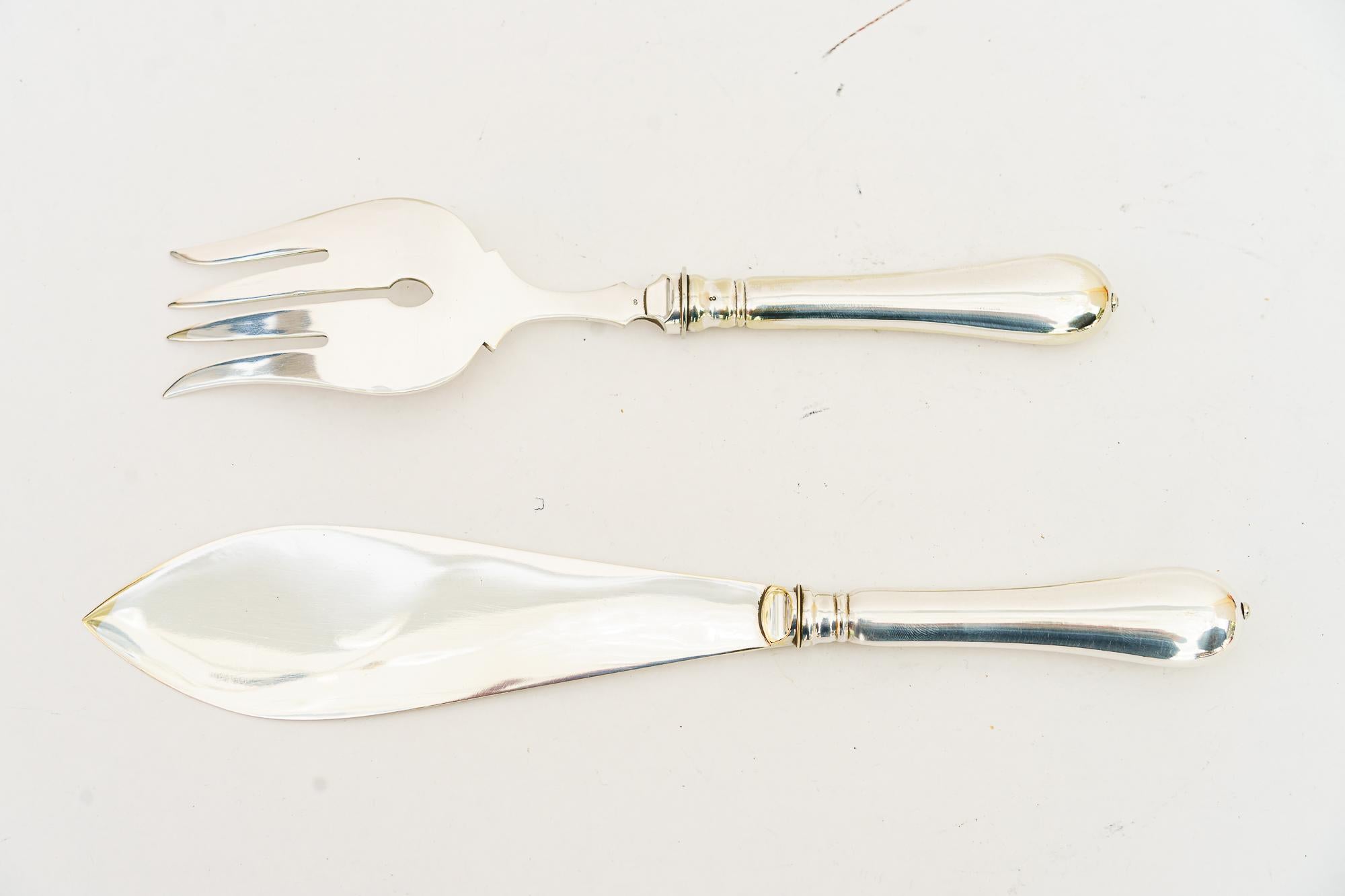 Metal  Art deco Silvered Fish Knife and Fork Serving Set vienna around 1920s For Sale