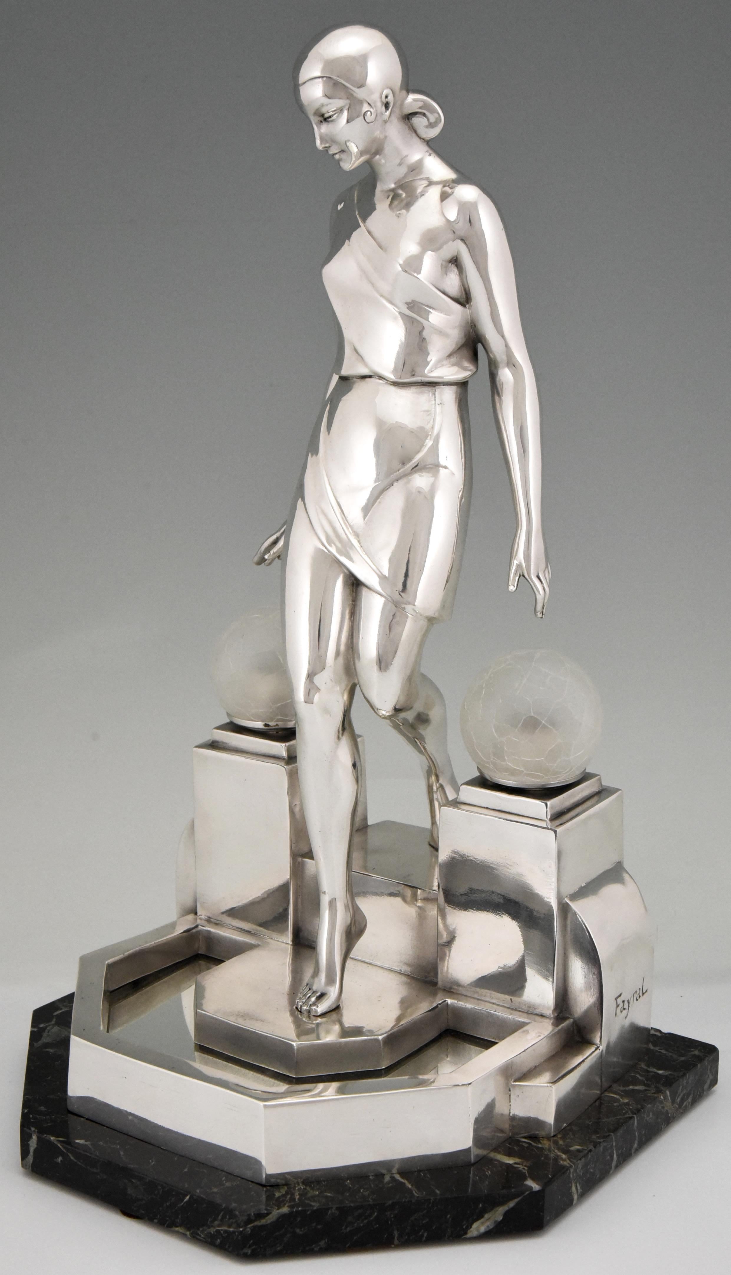 Art Deco Silvered Lady Lamp Nausicaa Fayral Pierre Le Faguays for Max Le Verrier In Good Condition In Antwerp, BE