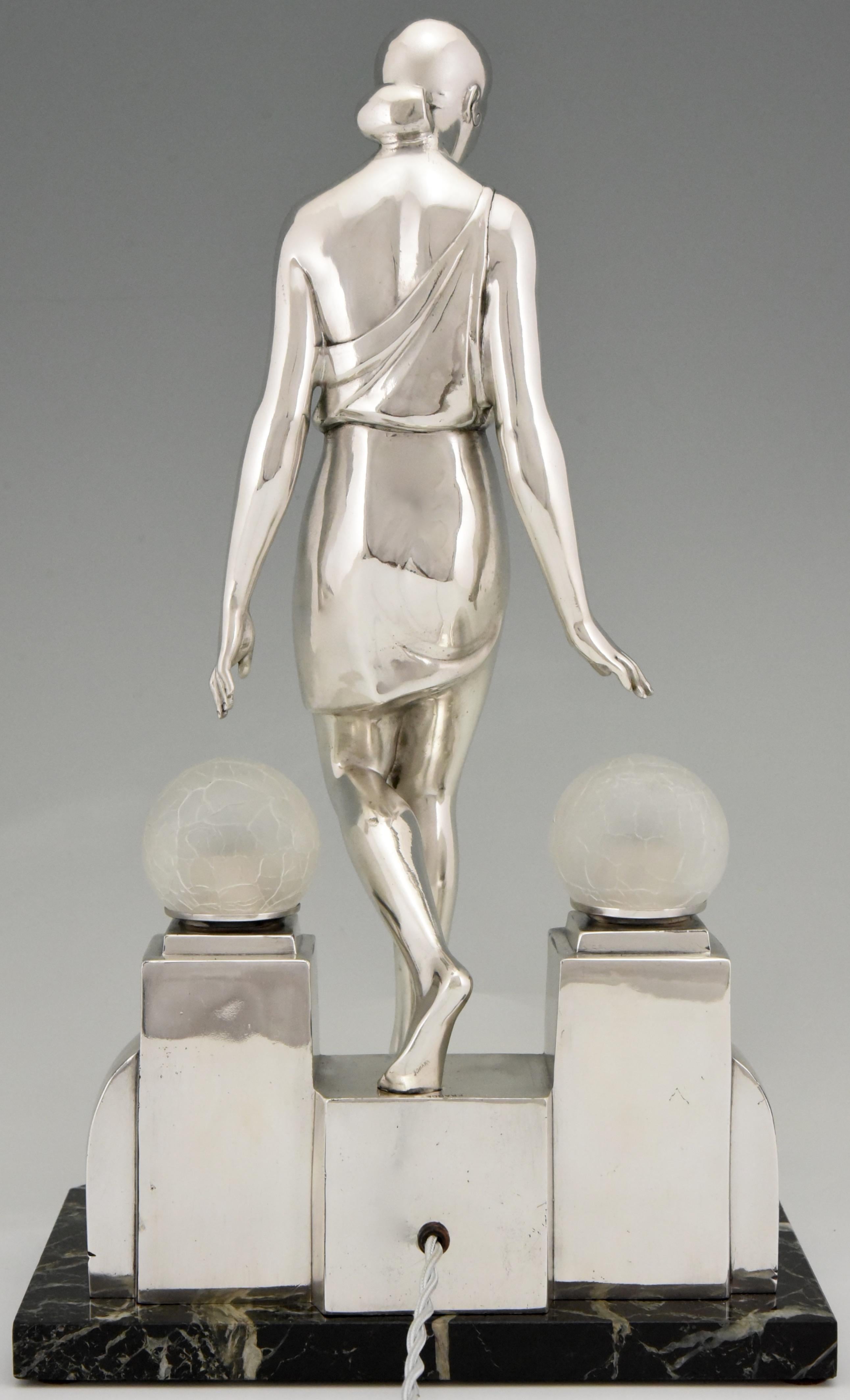Marble Art Deco Silvered Lady Lamp Nausicaa Fayral Pierre Le Faguays for Max Le Verrier