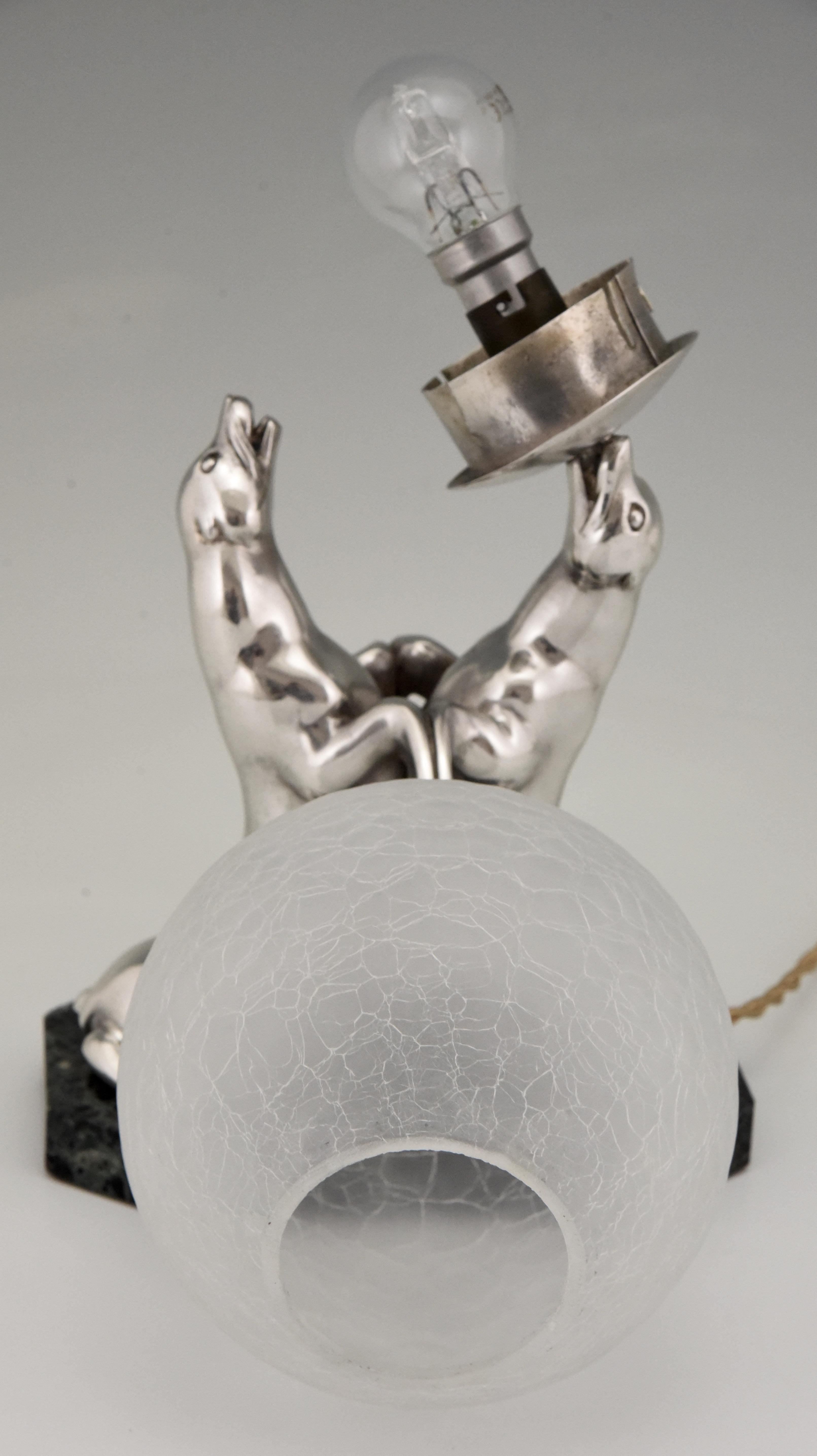 Art Deco Silvered Lamp of Two Seal Playing with a Ball Louis Albert Carvin 3