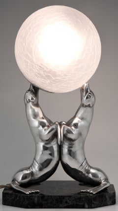 Art Deco Silvered Lamp of Two Seal Playing with a Ball Louis Albert Carvin