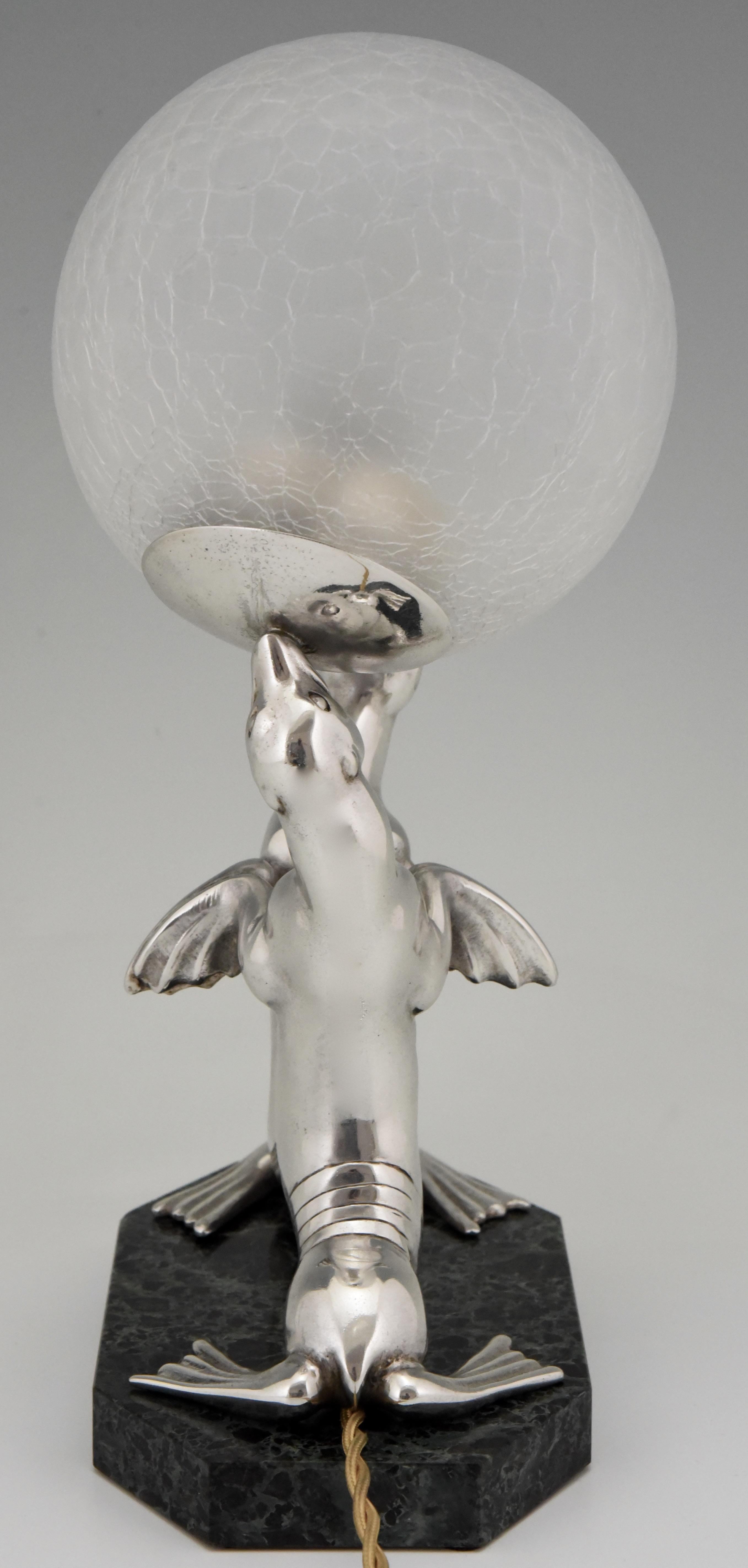 French Art Deco Silvered Lamp of Two Seal Playing with a Ball Louis Albert Carvin