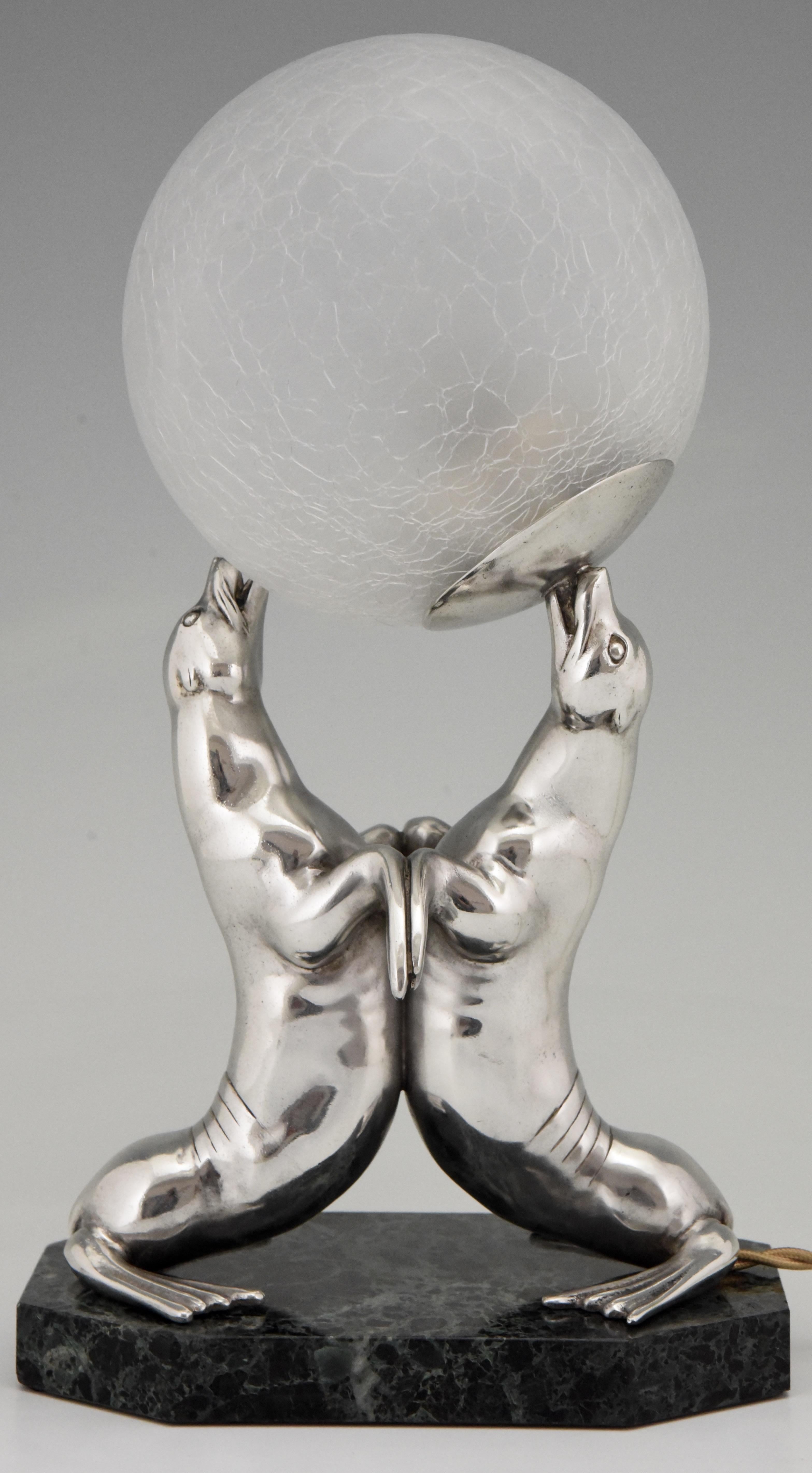 20th Century Art Deco Silvered Lamp of Two Seal Playing with a Ball Louis Albert Carvin