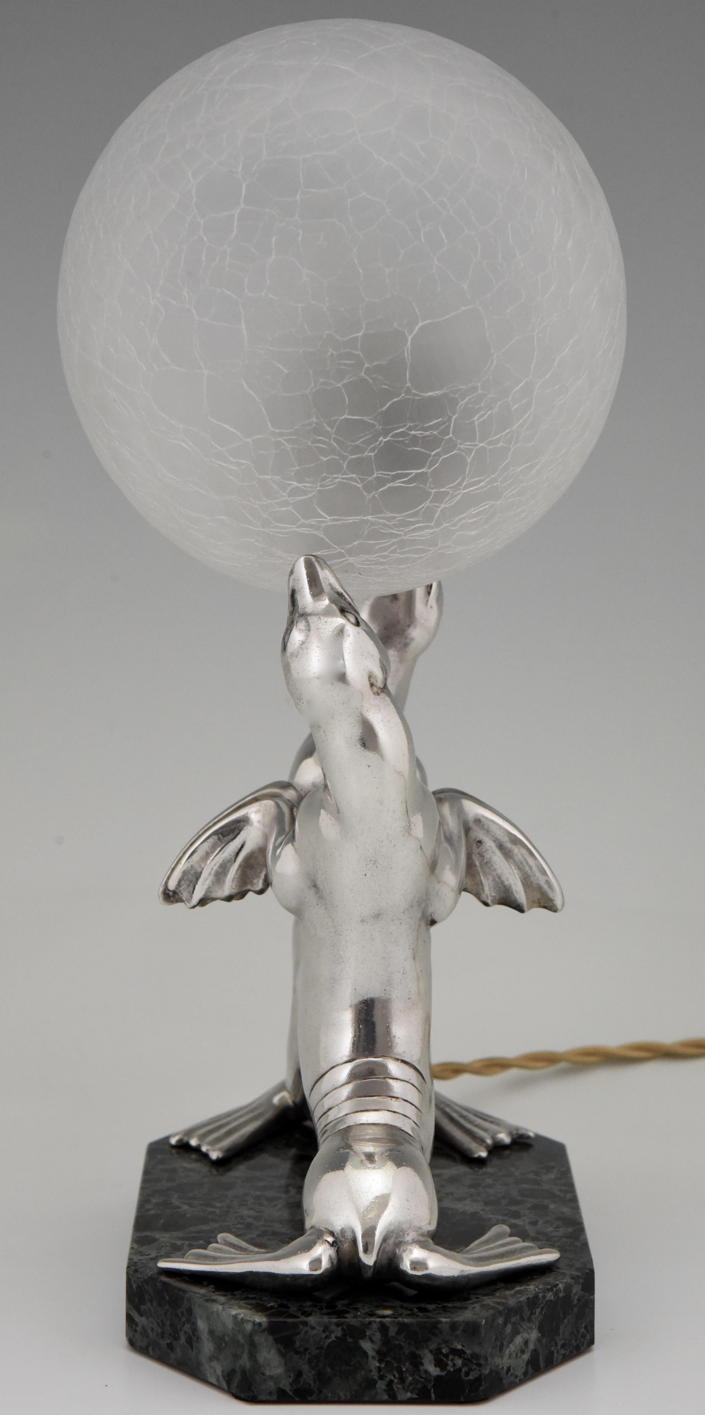 Art Deco Silvered Lamp of Two Seal Playing with a Ball Louis Albert Carvin 1