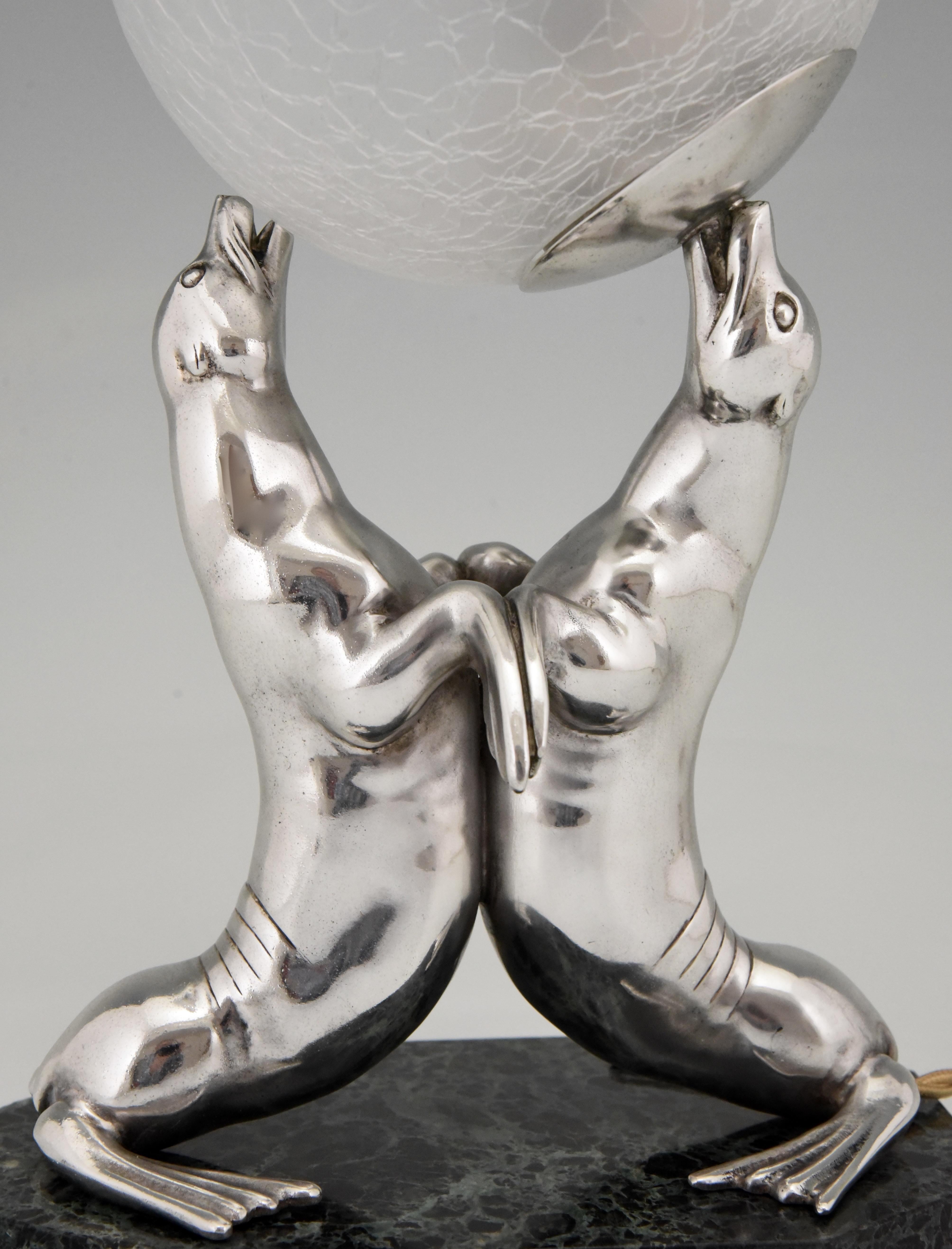 Art Deco Silvered Lamp of Two Seal Playing with a Ball Louis Albert Carvin 2