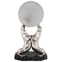 Art Deco Silvered Lamp of Two Seal Playing with a Ball Louis Albert Carvin