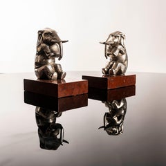 Art Deco Silvered Metal Elephant Bookends on Rouge Royal Marble, 1930s