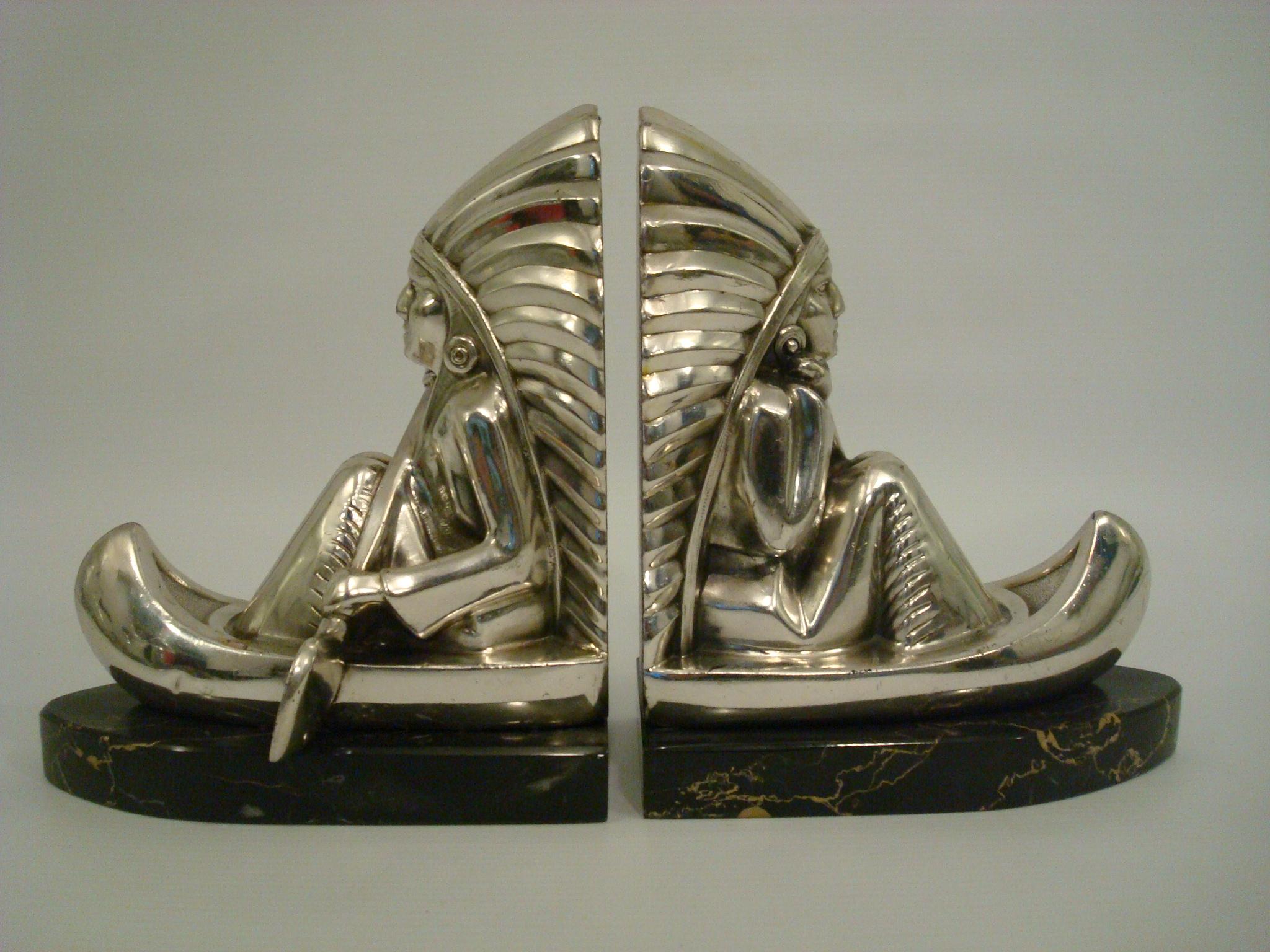 Unknown Art Deco Silvered Metal Natives Rowing Bookends