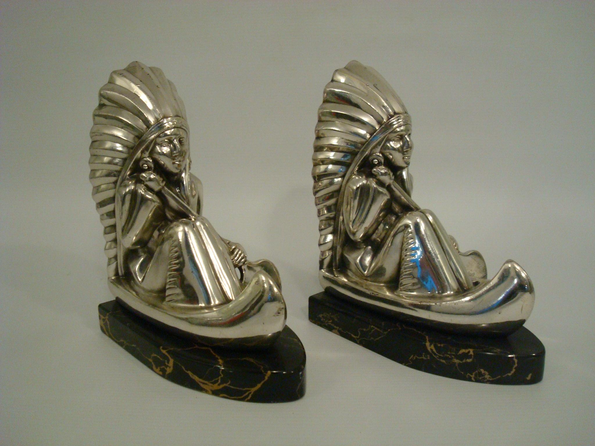 20th Century Art Deco Silvered Metal Natives Rowing Bookends