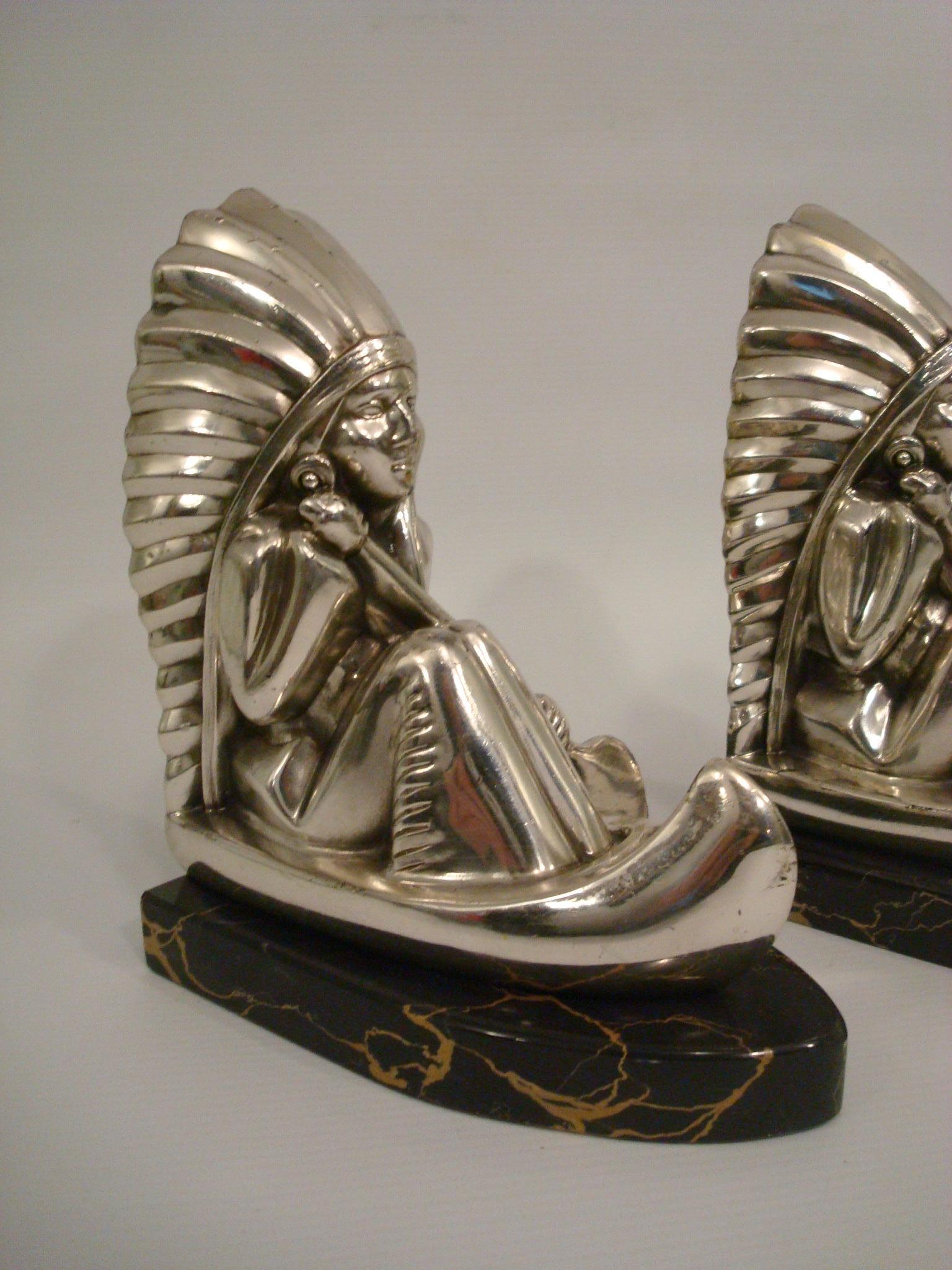 Art Deco Silvered Metal Natives Rowing Bookends 1