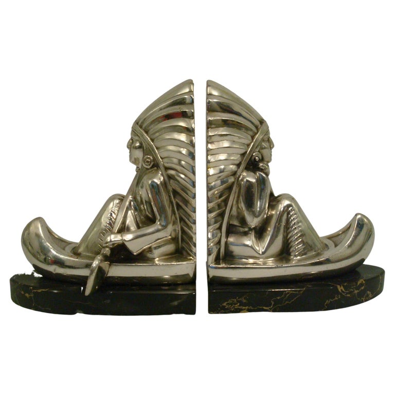Art Deco Silvered Metal Natives Rowing Bookends For Sale at 1stDibs