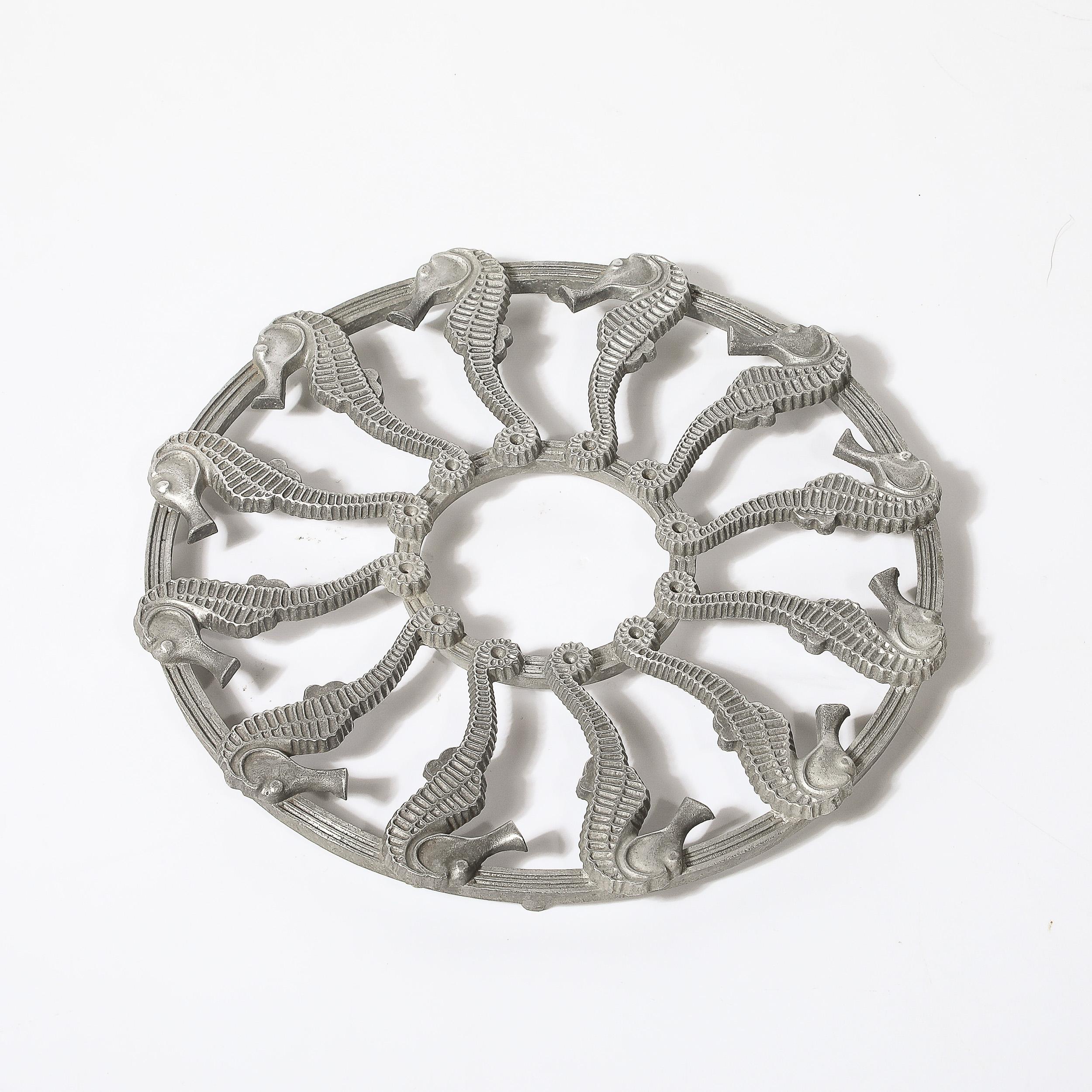 American Art Deco Silvered Metal Seahorse Trivet signed Grand Rapids Casting Co.