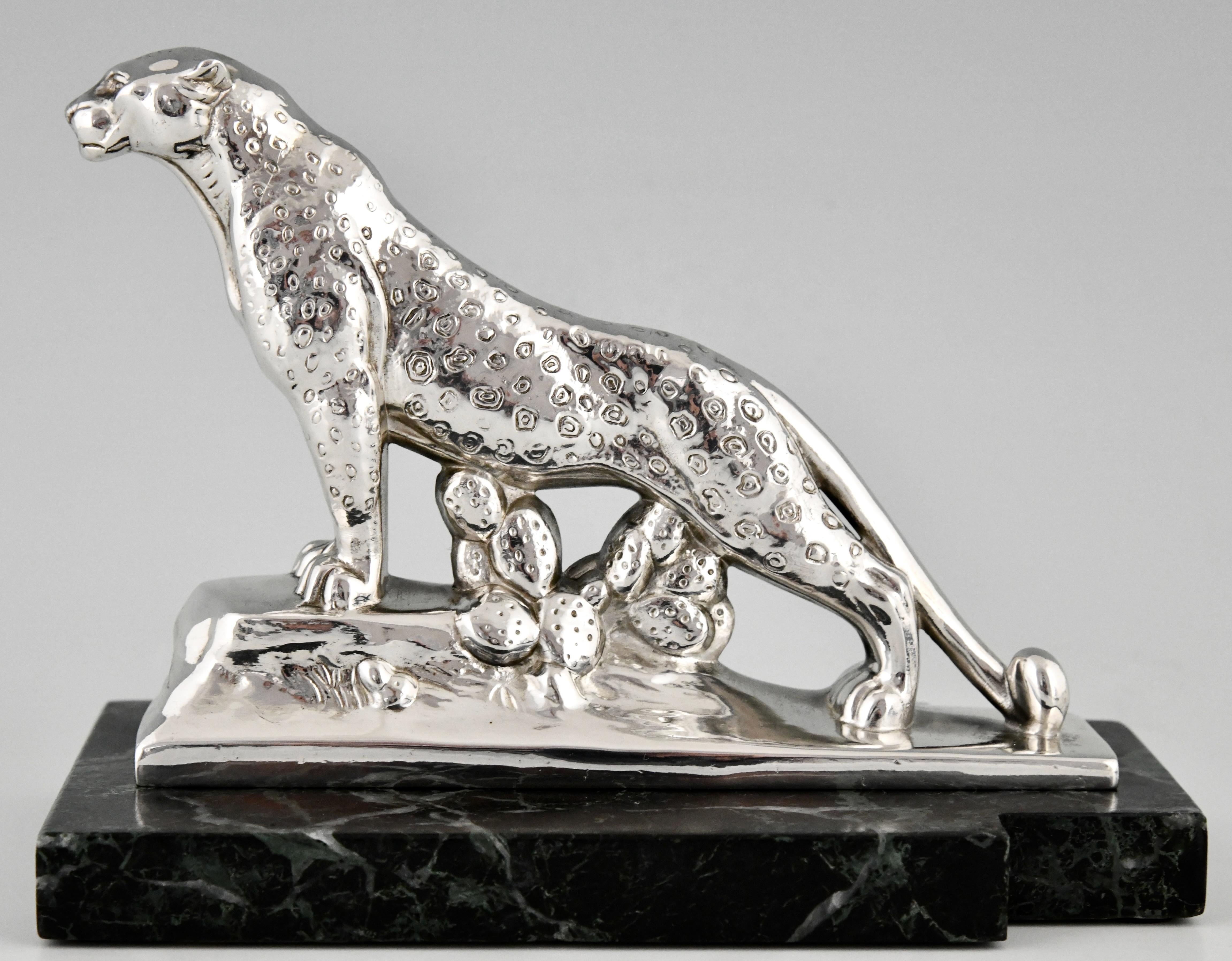 Marble Art Deco Silvered Panther Bookends Maurice Frecourt, France, 1930 For Sale