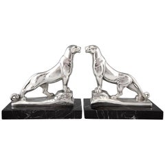 Vintage Art Deco Silvered Panther Bookends Maurice Frecourt, France, 1930