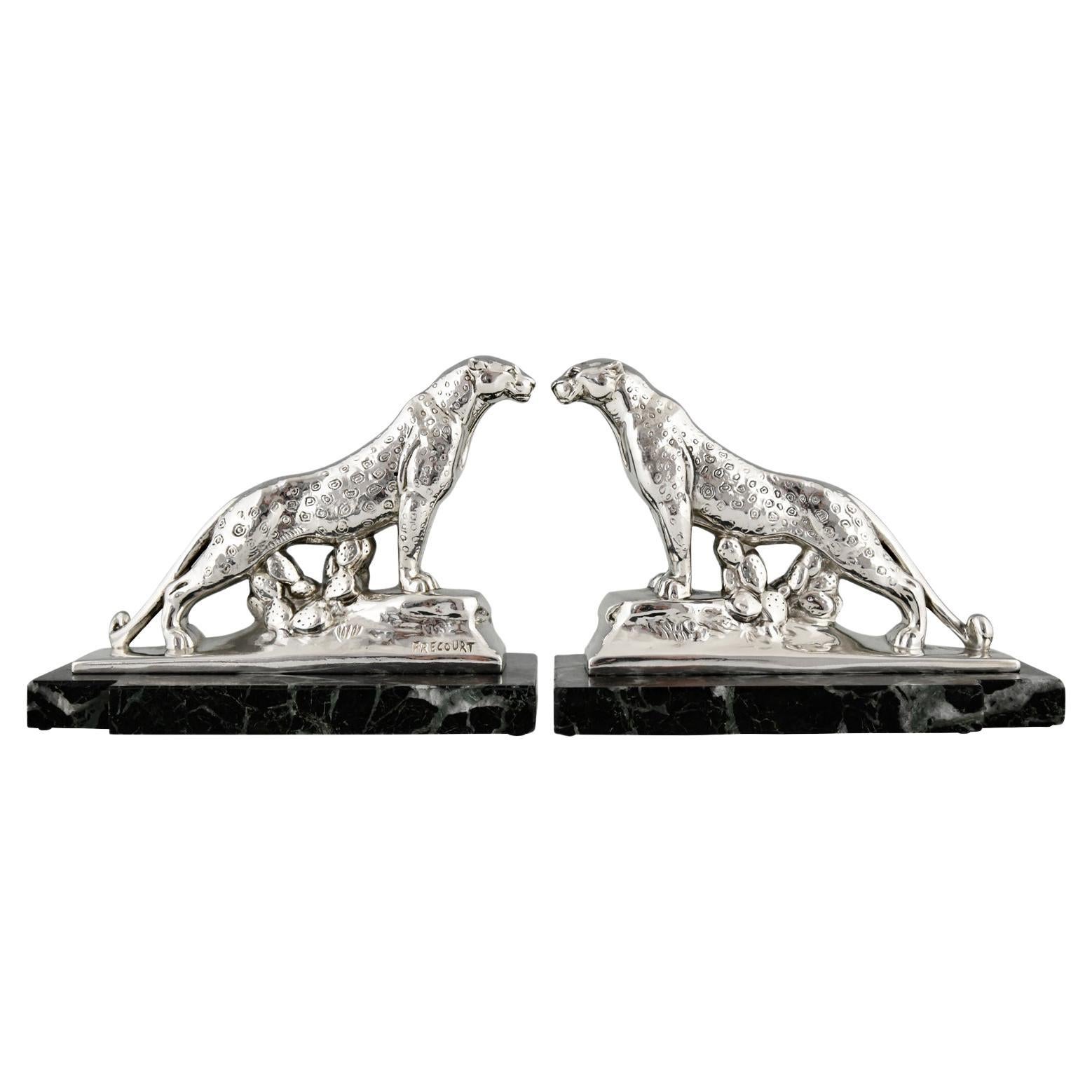 Versilberte Panther-Buchstützen im Art déco-Stil Maurice Frecourt, Frankreich, 1930