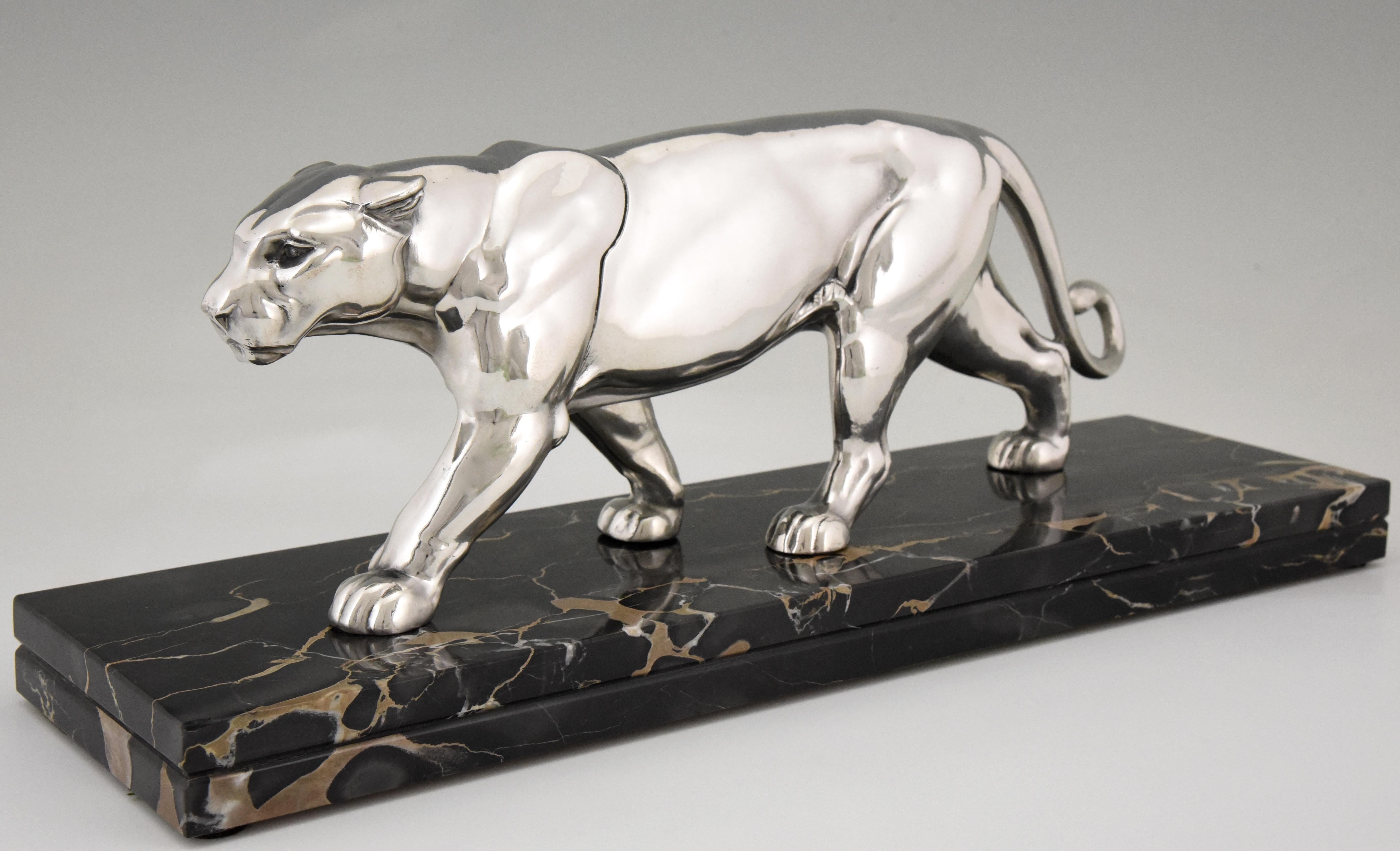French Art Deco Silvered Panther Sculpture Alexandre Ouline, France, 1930