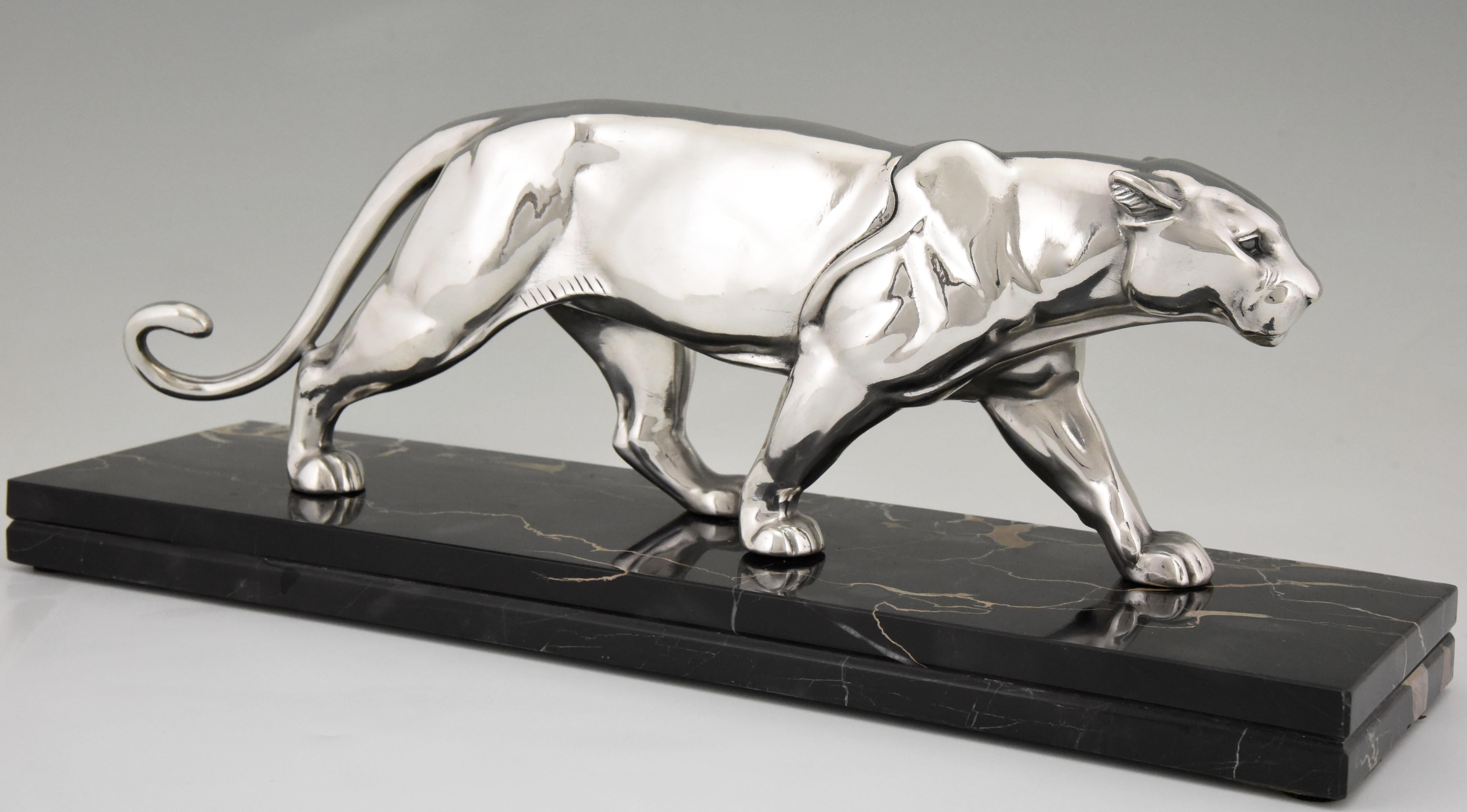 Mid-20th Century Art Deco Silvered Panther Sculpture Alexandre Ouline, France, 1930