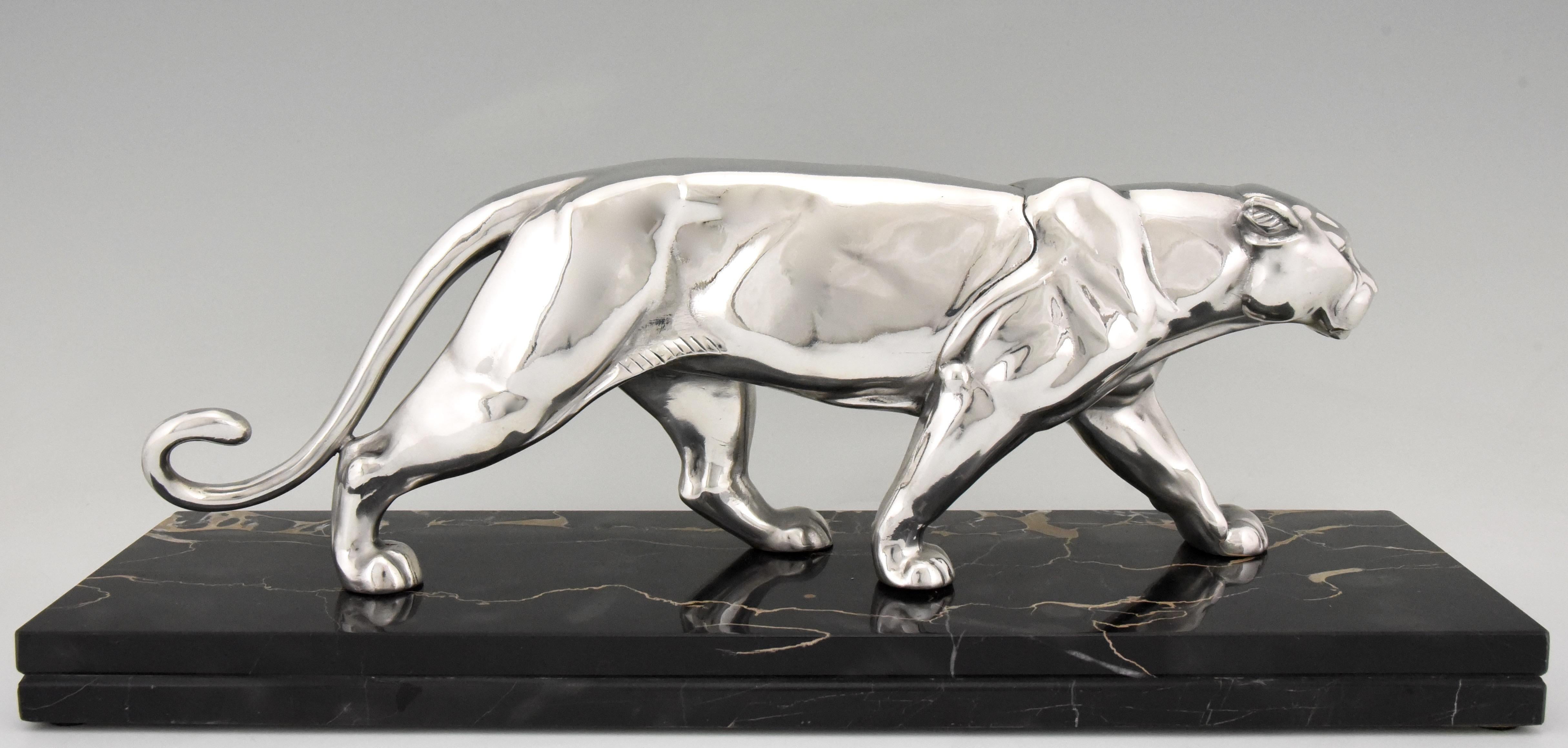 Metal Art Deco Silvered Panther Sculpture Alexandre Ouline, France, 1930