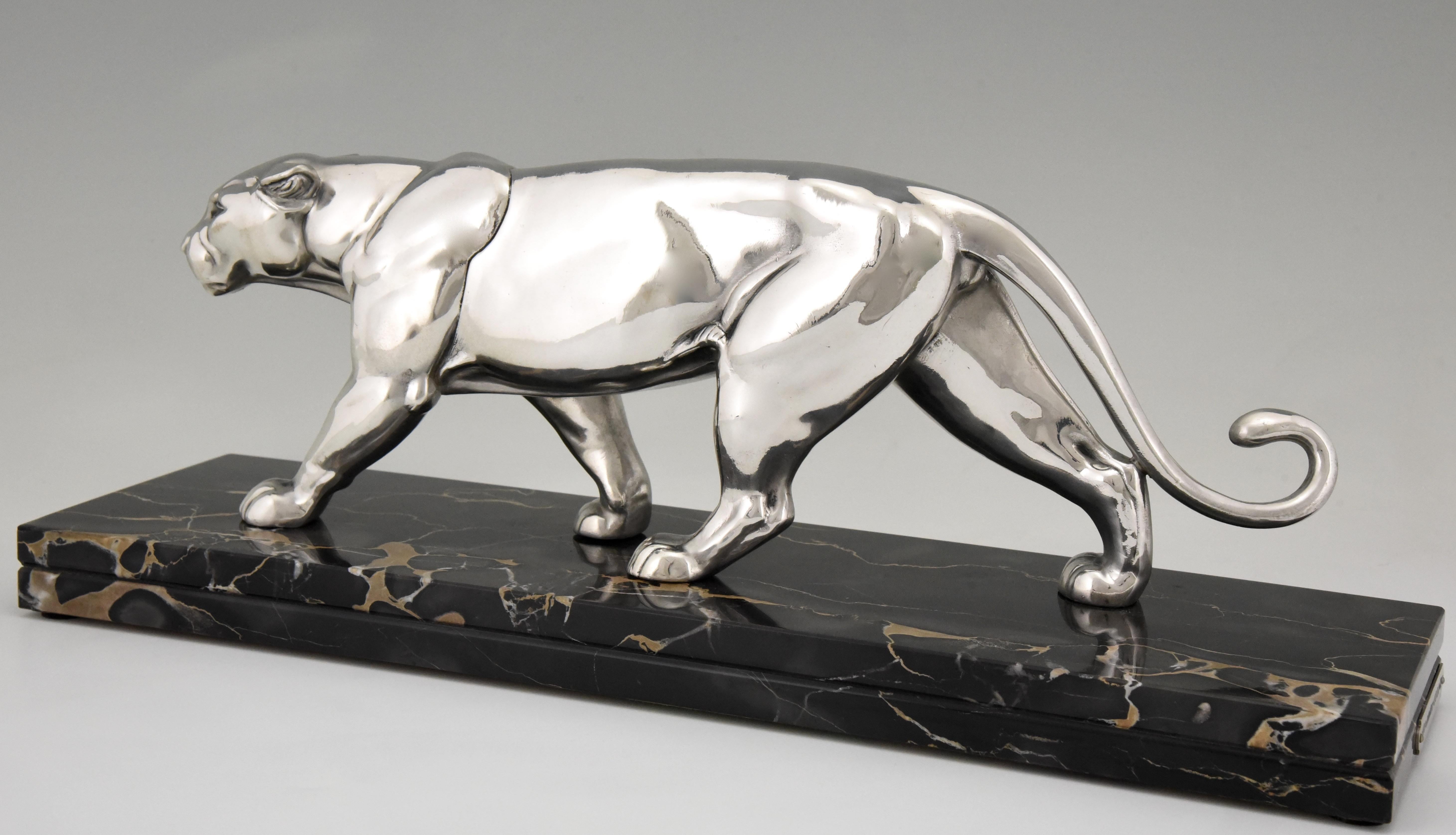 Art Deco Silvered Panther Sculpture Alexandre Ouline, France, 1930 3