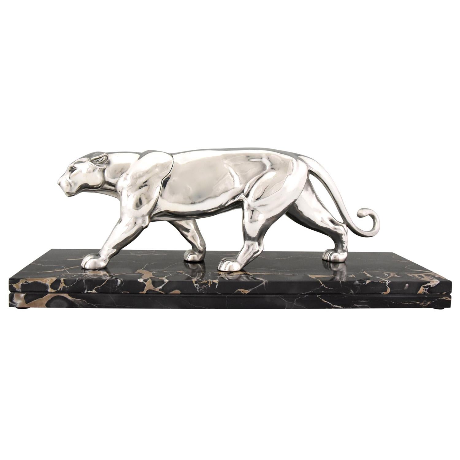 Art Deco Silvered Panther Sculpture Alexandre Ouline, France, 1930