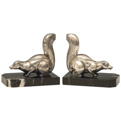 Art Deco Silvered Skunk Bookends on Marble Bases