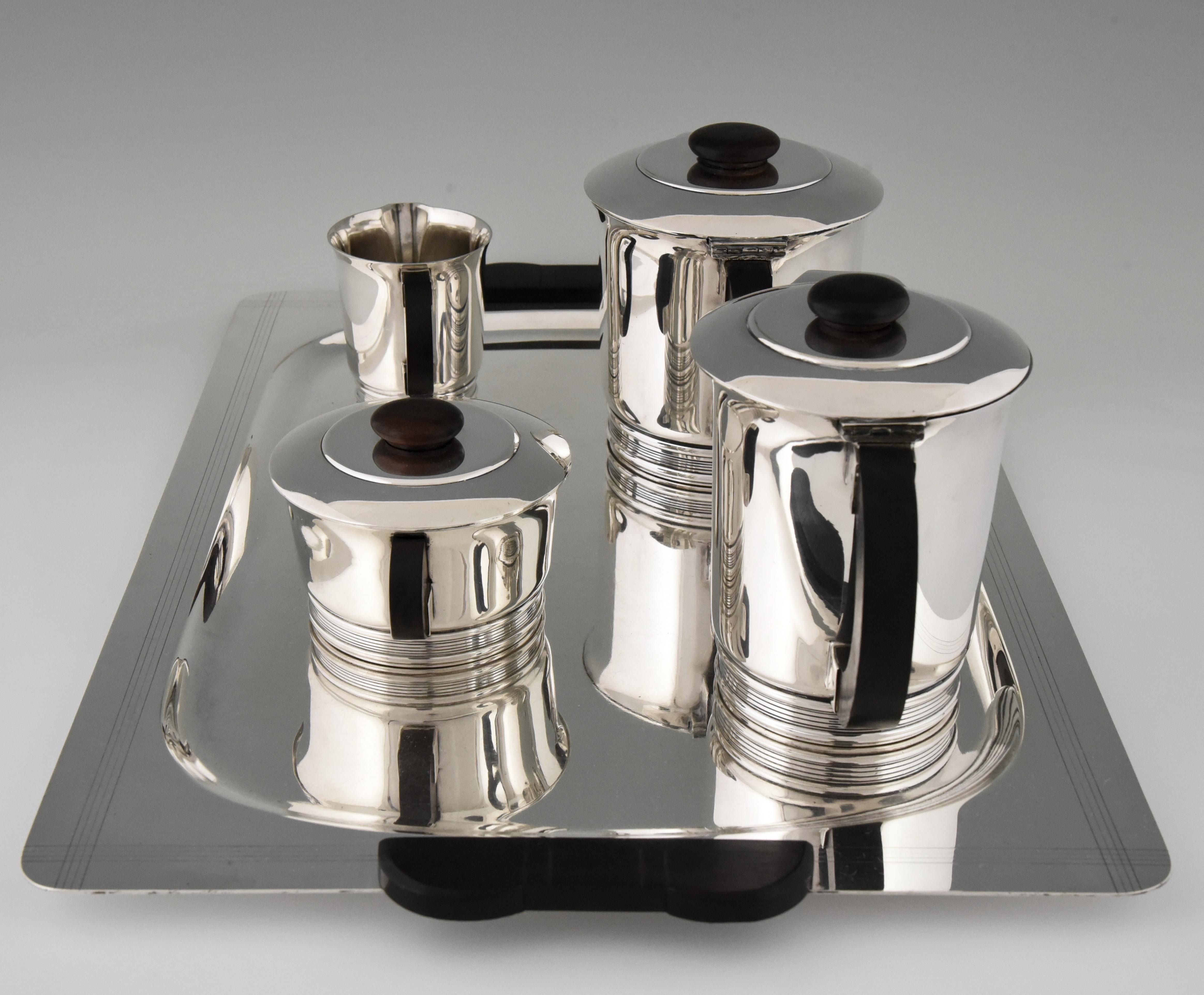 French Art Deco Silvered Tea and Coffee, Set of Five Pieces, Ercuis, France, 1925