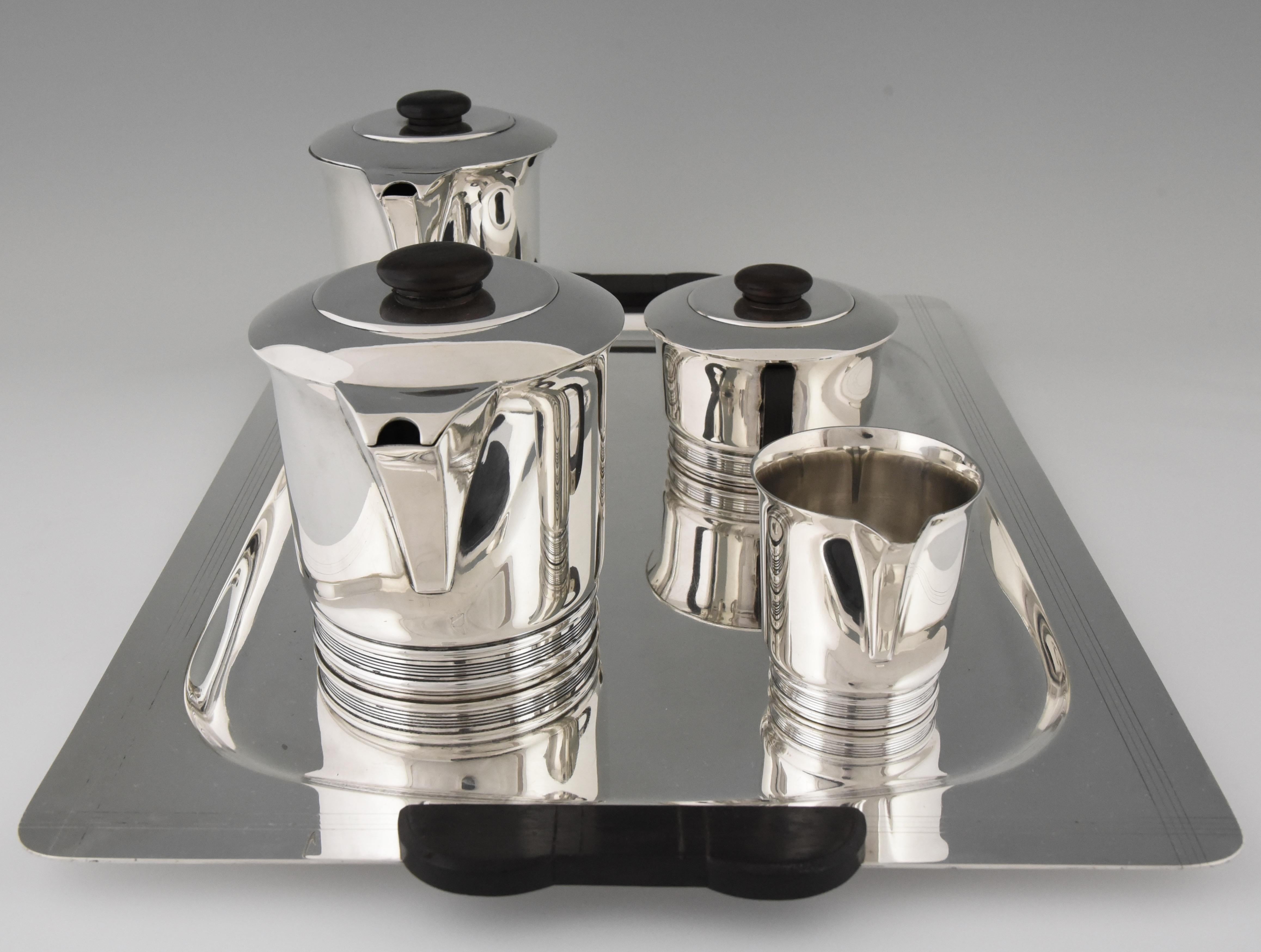 20th Century Art Deco Silvered Tea and Coffee, Set of Five Pieces, Ercuis, France, 1925