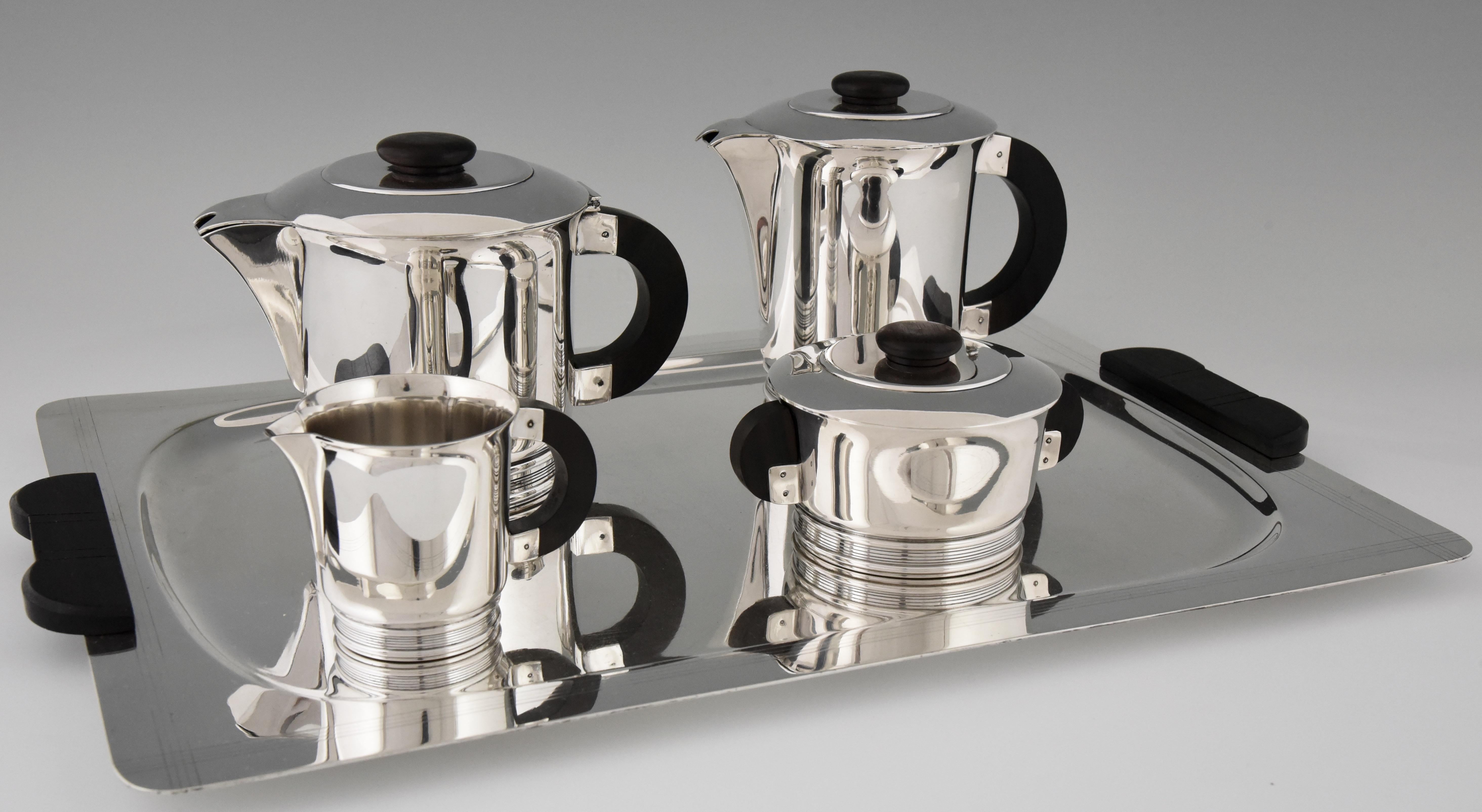 Metal Art Deco Silvered Tea and Coffee, Set of Five Pieces, Ercuis, France, 1925