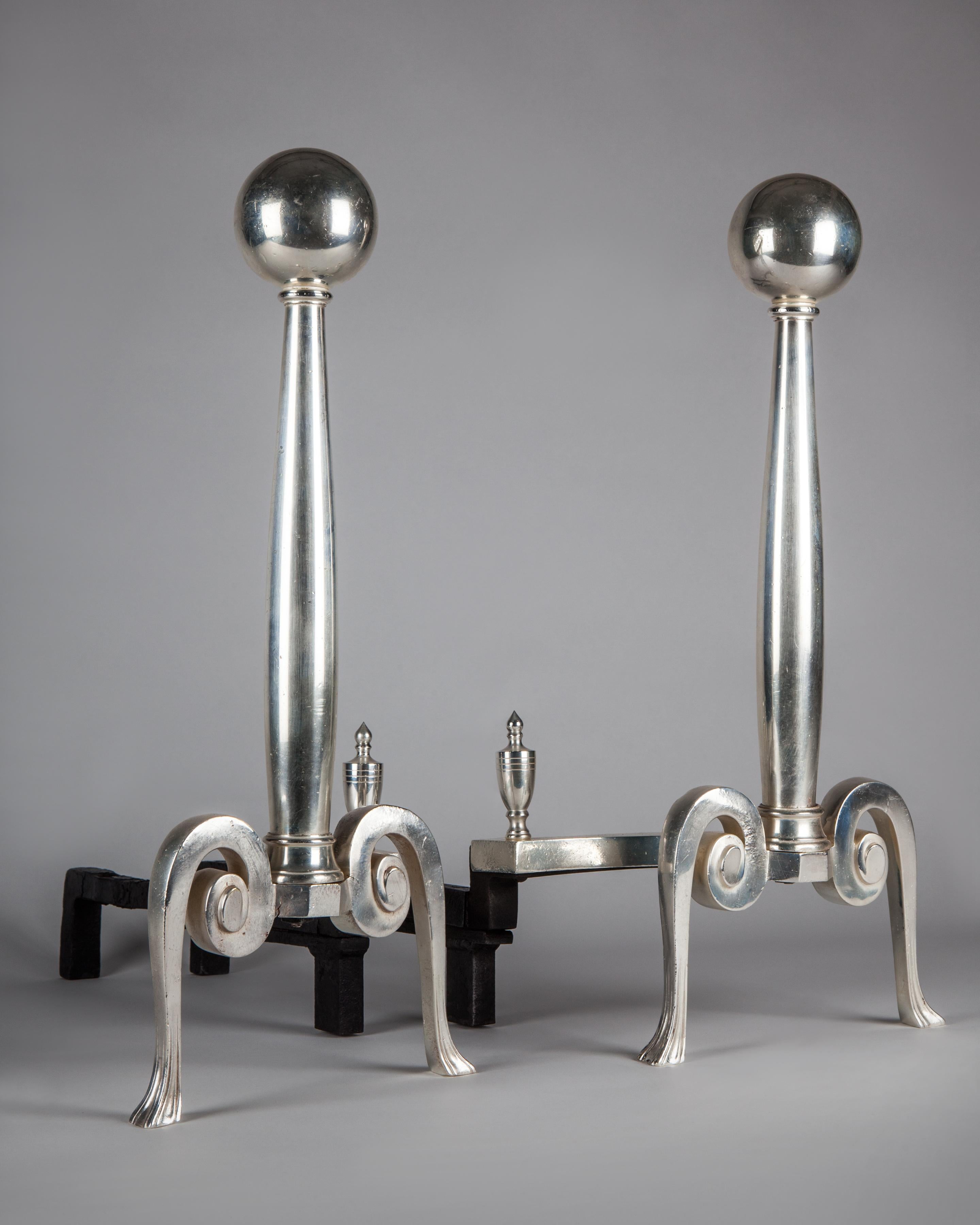 Art Deco Silverplate Bronze and Blackened Steel Andirons, circa 1930 In Good Condition In New York, NY