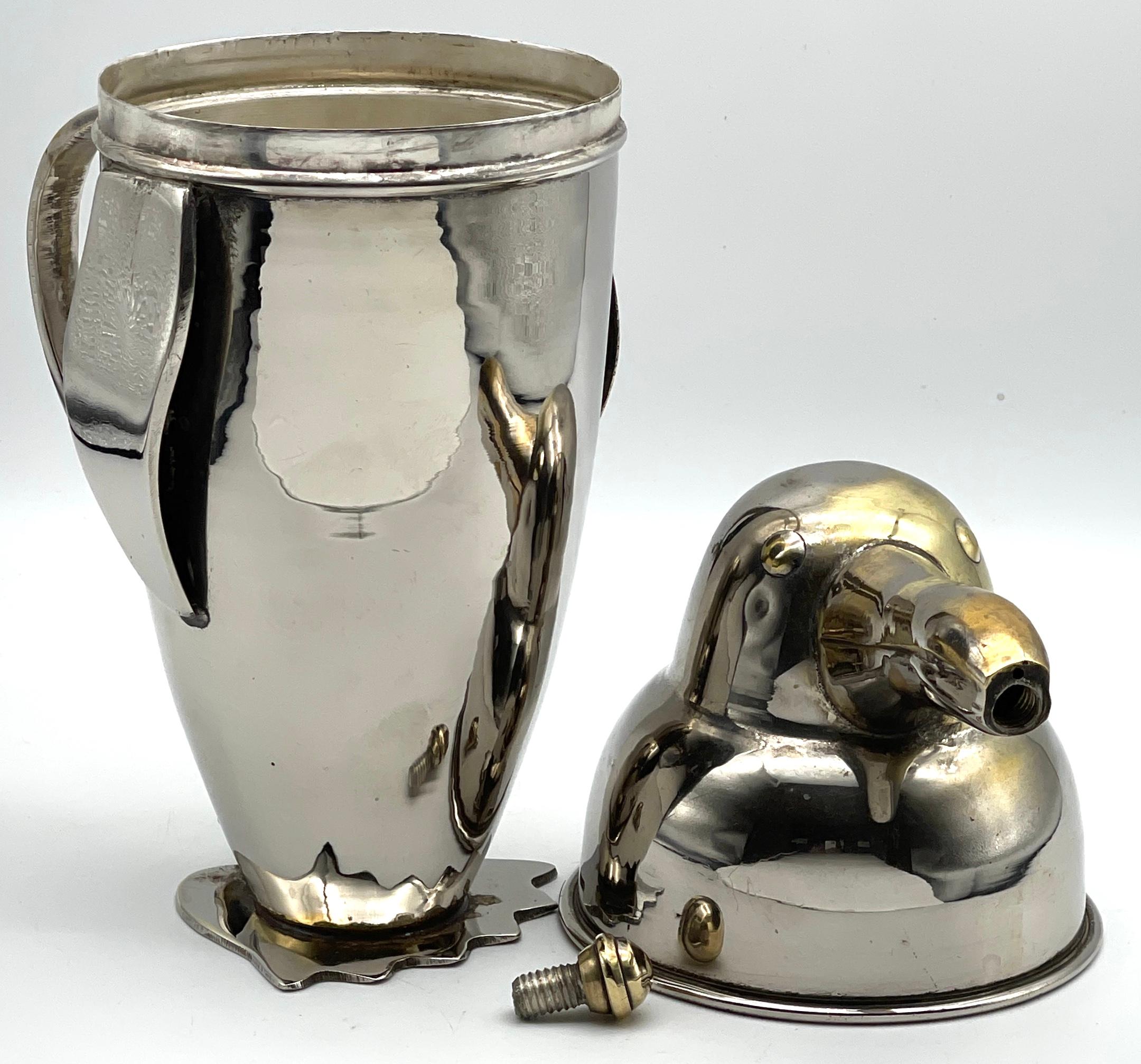 Art Deco Silverplated Brass Penguin Cocktail Shaker, Style of  Emil Schuelke 4