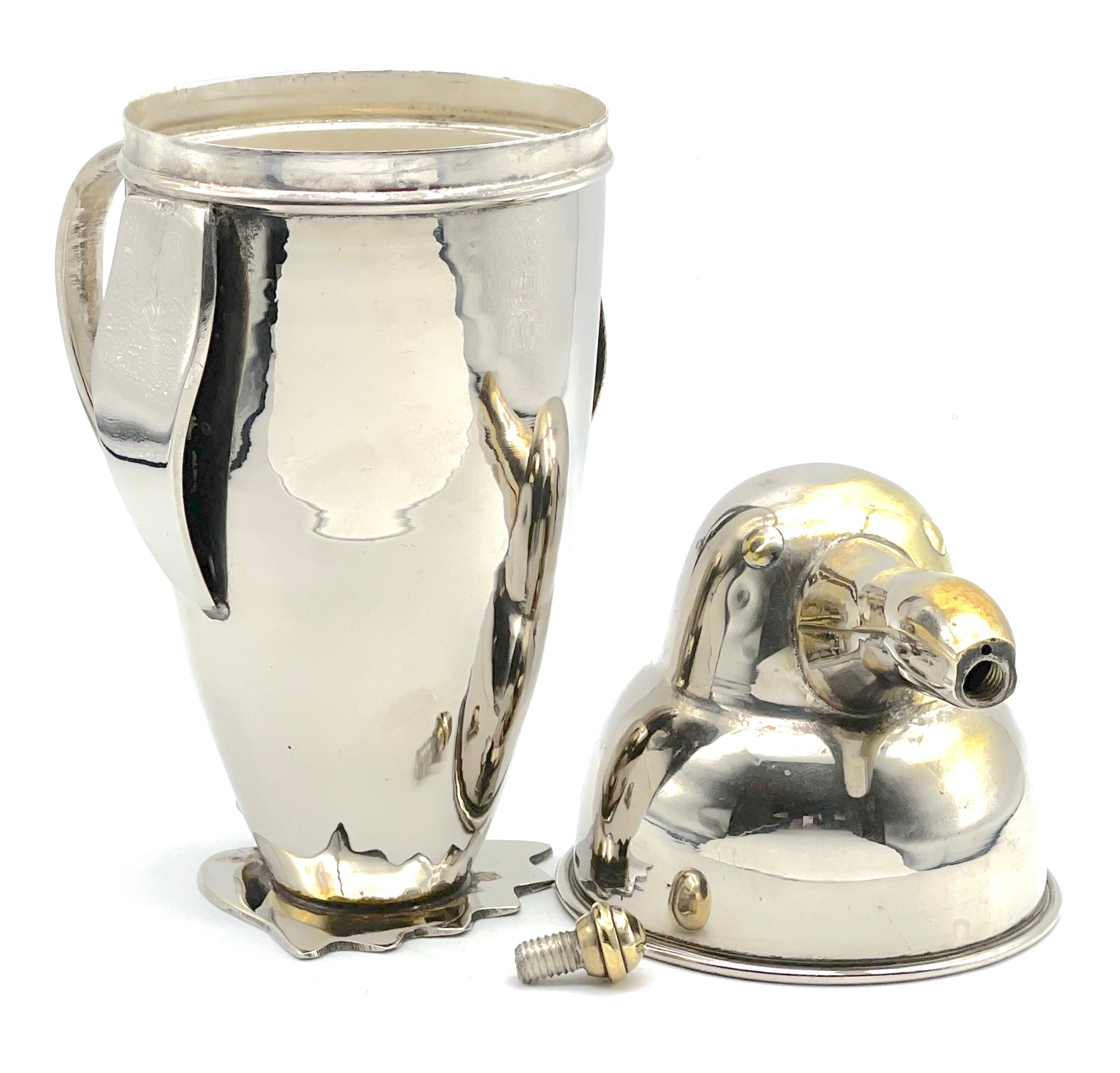 Art Deco Silverplated Brass Penguin Cocktail Shaker, Style of  Emil Schuelke 5
