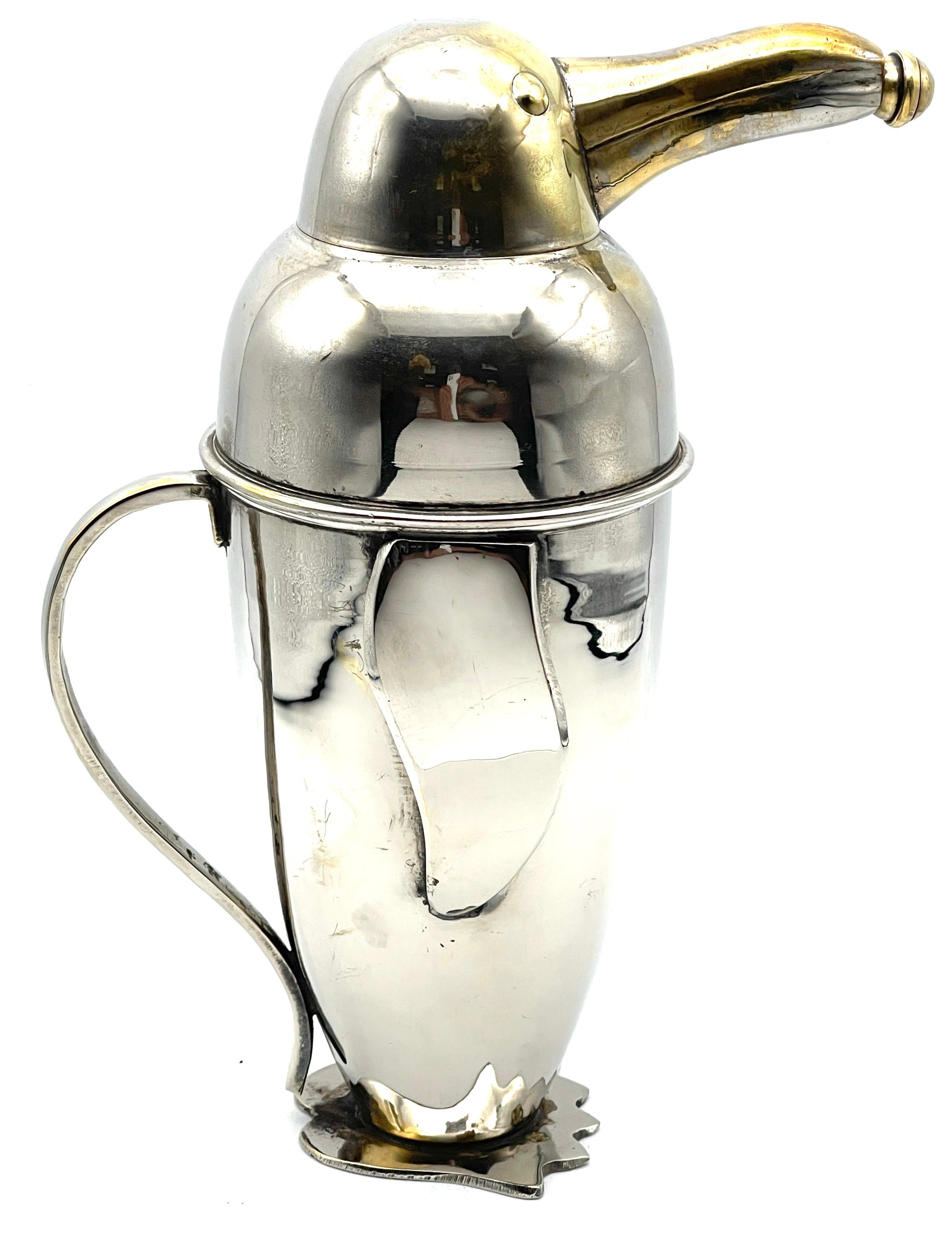 European Art Deco Silverplated Brass Penguin Cocktail Shaker, Style of  Emil Schuelke