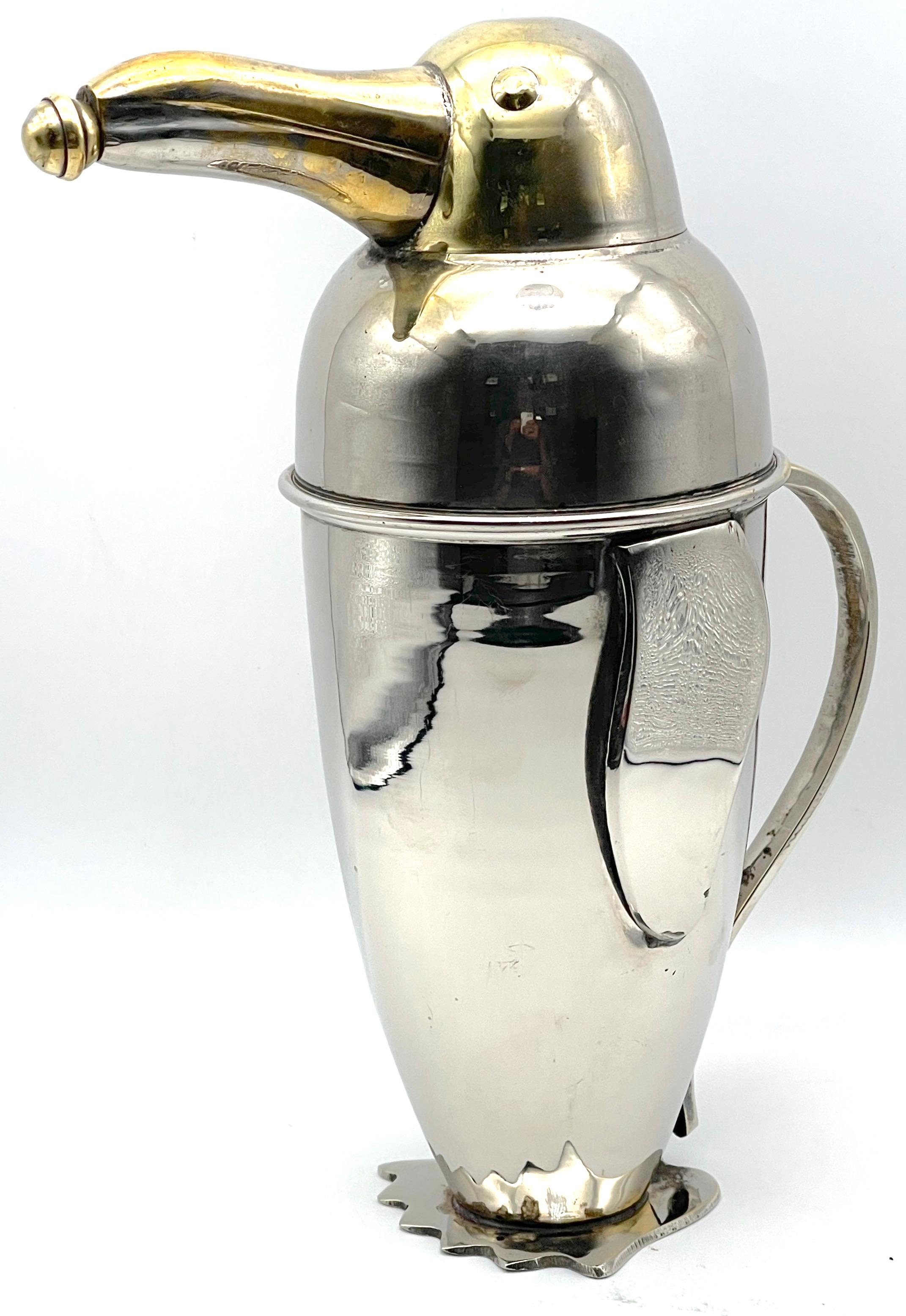 Silvered Art Deco Silverplated Brass Penguin Cocktail Shaker, Style of  Emil Schuelke