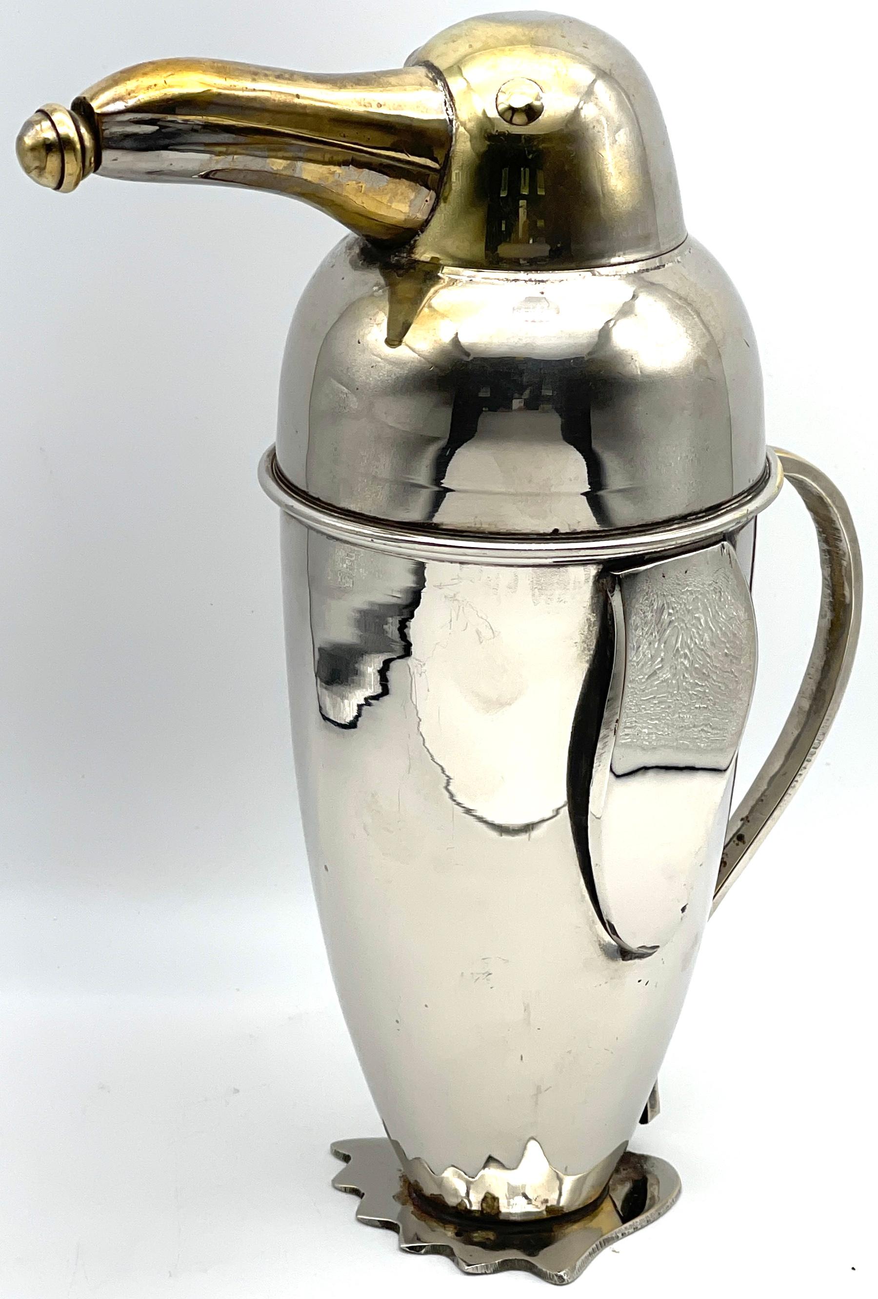 Art Deco Silverplated Brass Penguin Cocktail Shaker, Style of  Emil Schuelke In Good Condition In West Palm Beach, FL