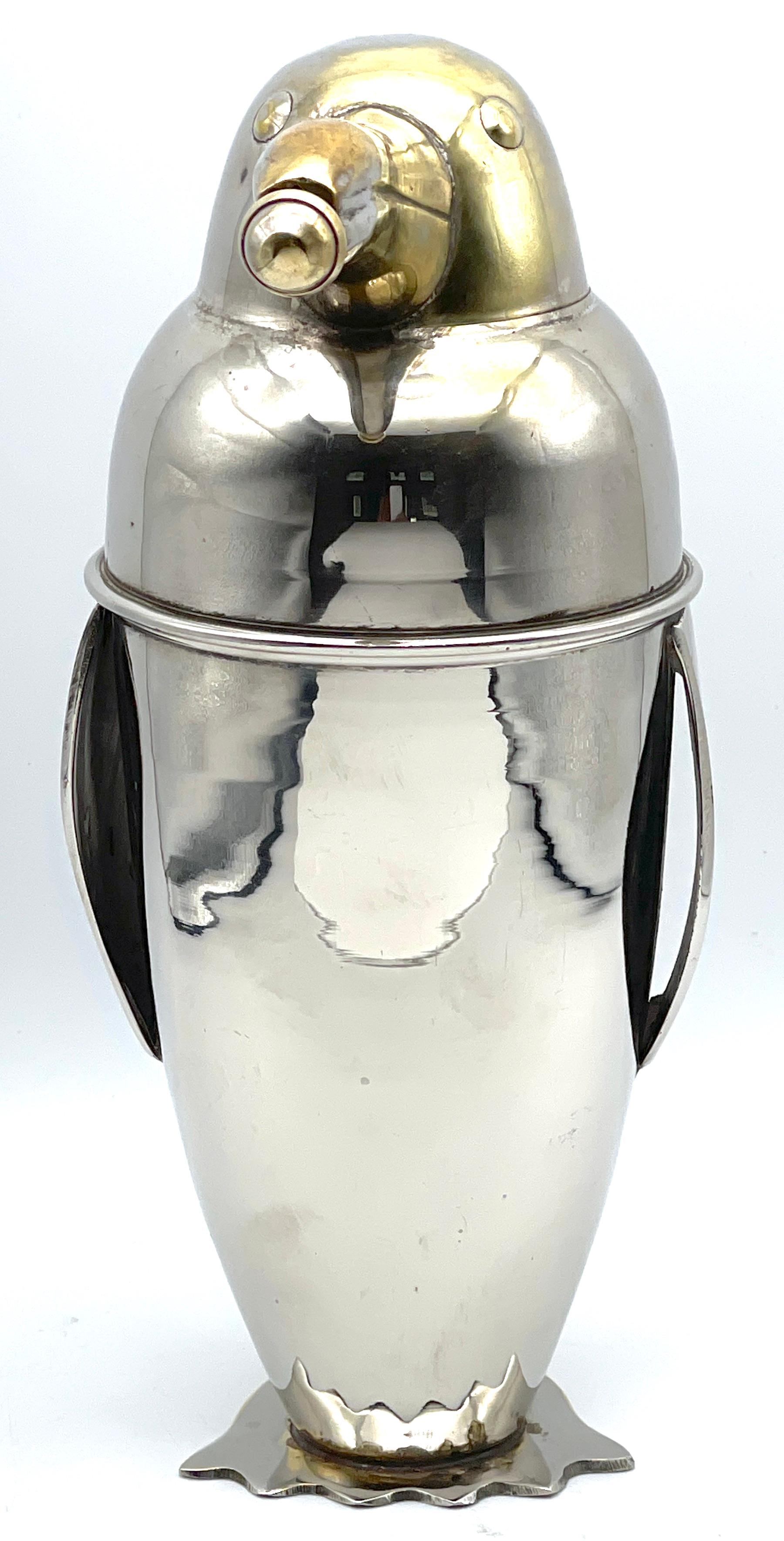 20th Century Art Deco Silverplated Brass Penguin Cocktail Shaker, Style of  Emil Schuelke