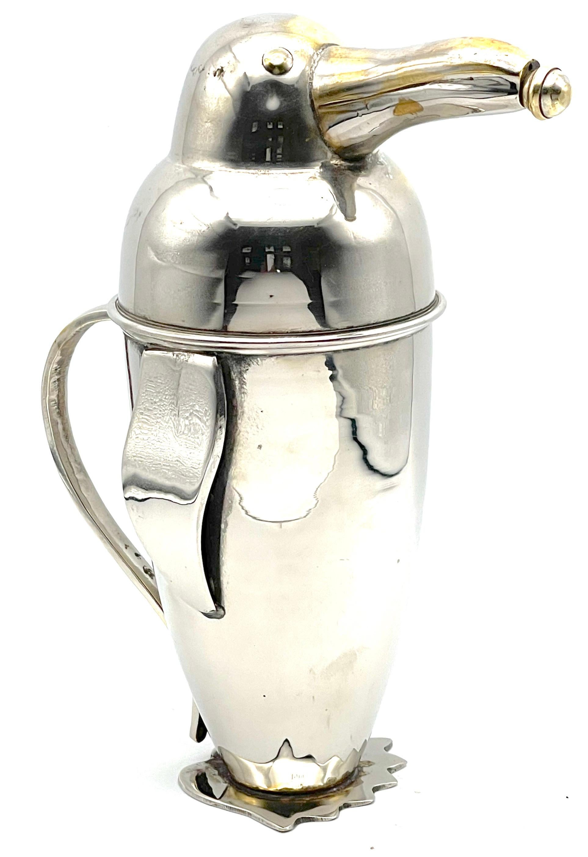 Art Deco Silverplated Brass Penguin Cocktail Shaker, Style of  Emil Schuelke 2