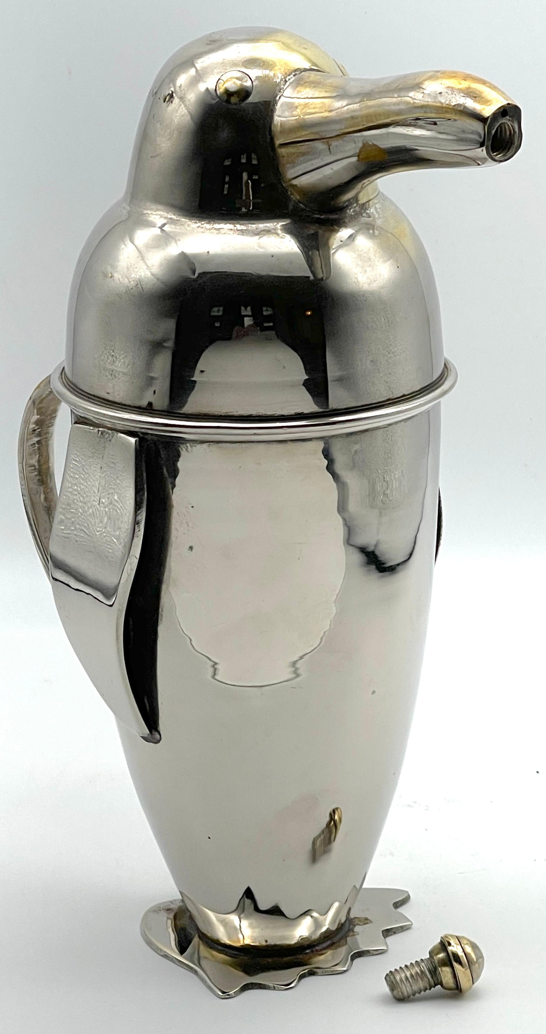Art Deco Silverplated Brass Penguin Cocktail Shaker, Style of  Emil Schuelke 3