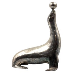 Vintage Art deco silverplated brass Seal sculpture, France 1940s