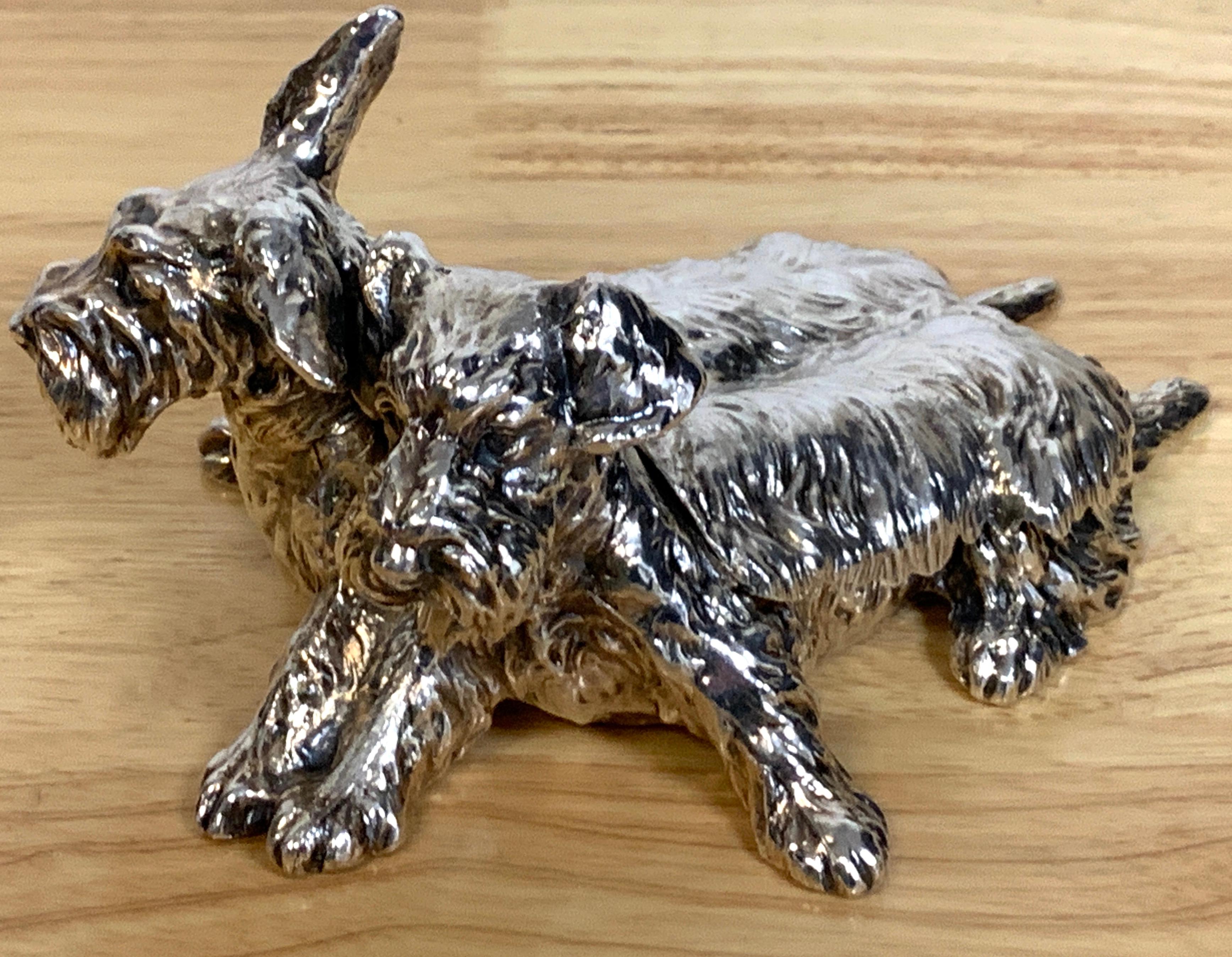 Art Deco silverplated double scotty dog box, realistically cast and modeled of two seated expressive Scottish Terriers, the hinged box opens revealing and 2.5