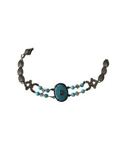 Bracciale Art Déco in argento placcato, con perline in vetro finto turchese e cristallo