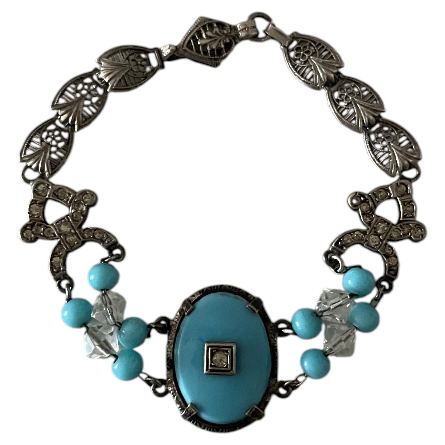 Art Deco Silvertone Faux Turquoise Glass and Crystal Bead Link Bracelet For Sale