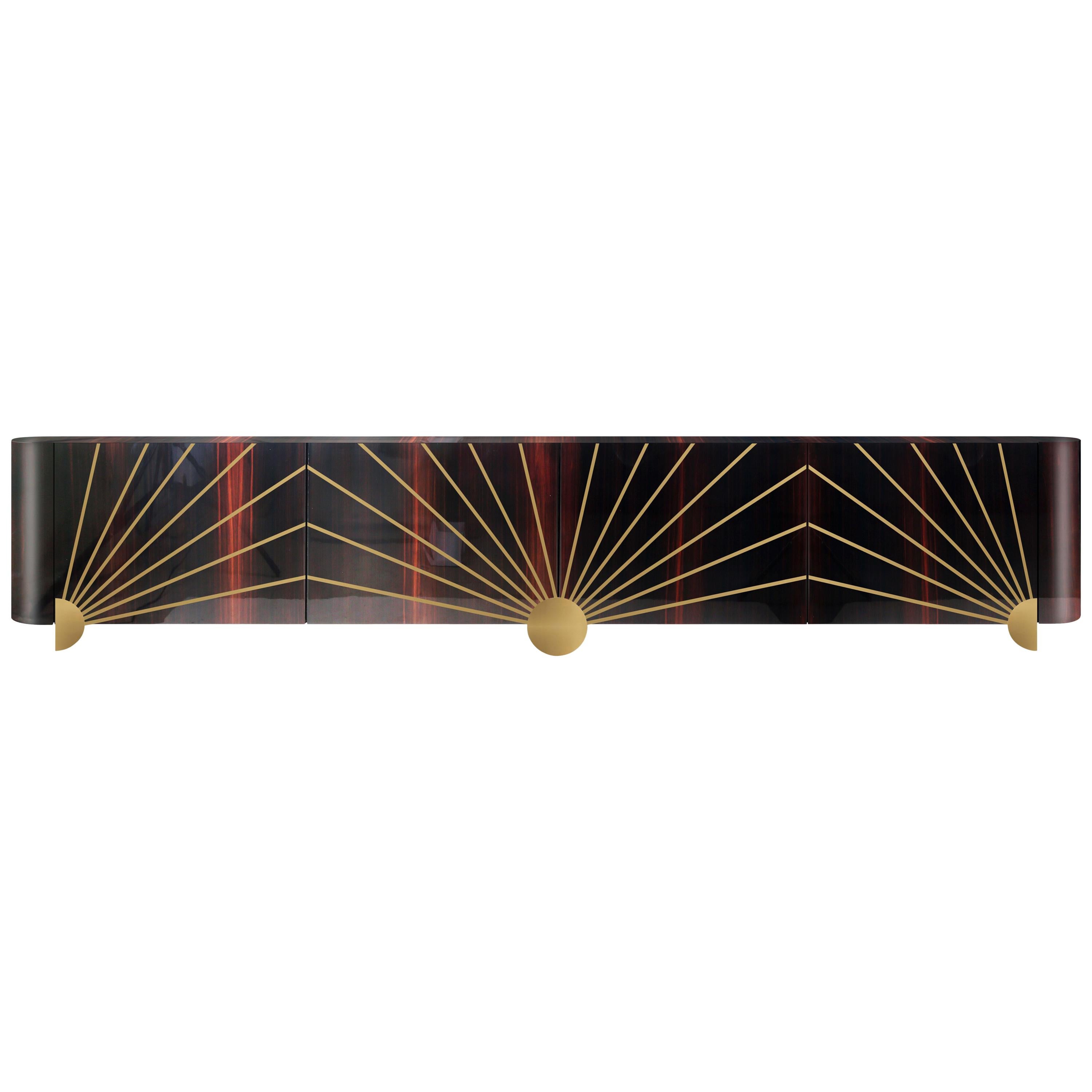 Art Deco Sinatra Media Console in Ebony, Brass For Sale