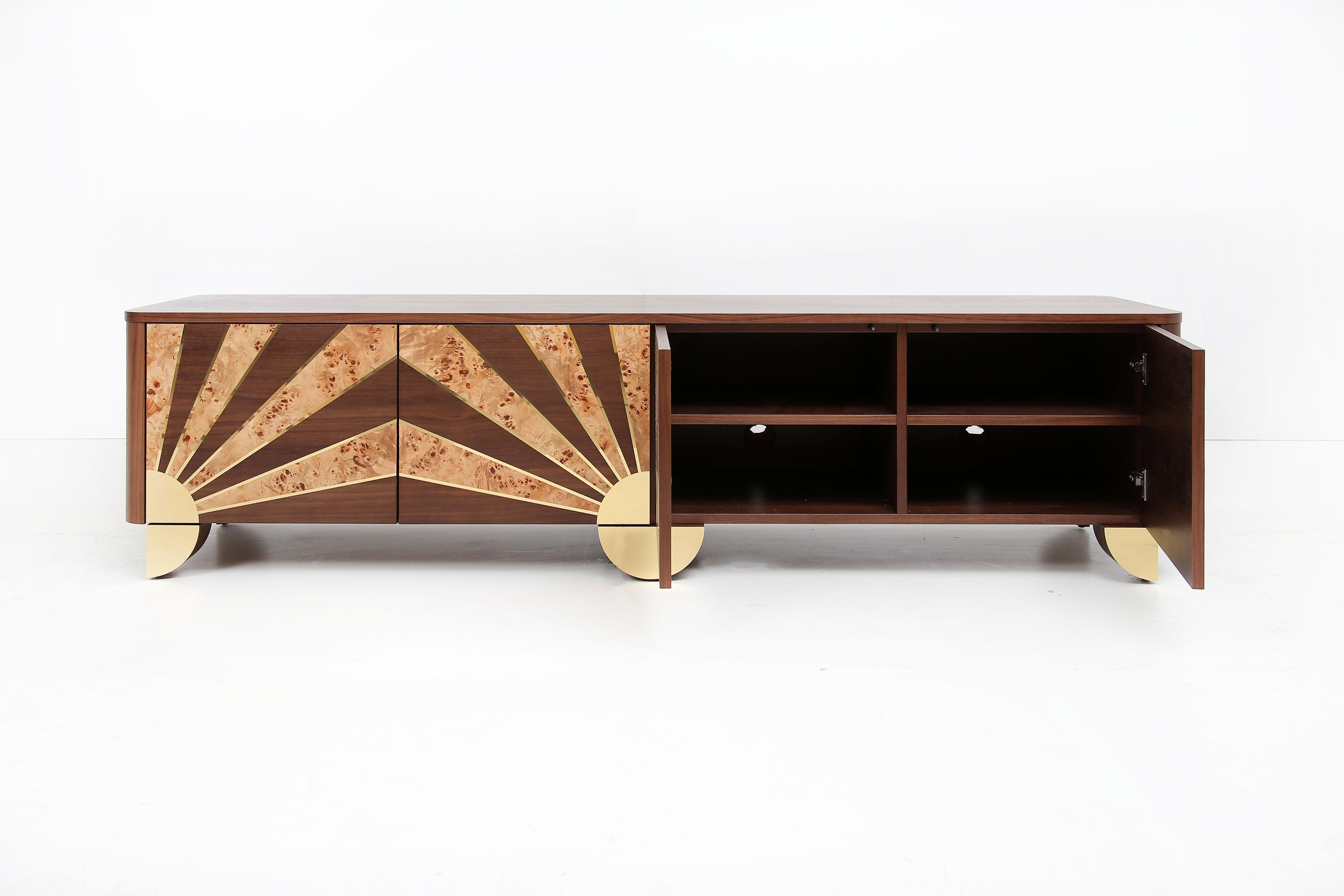 Lacquered Art Deco Sinatra Media Console in Walnut and Poplar Root, Brass For Sale