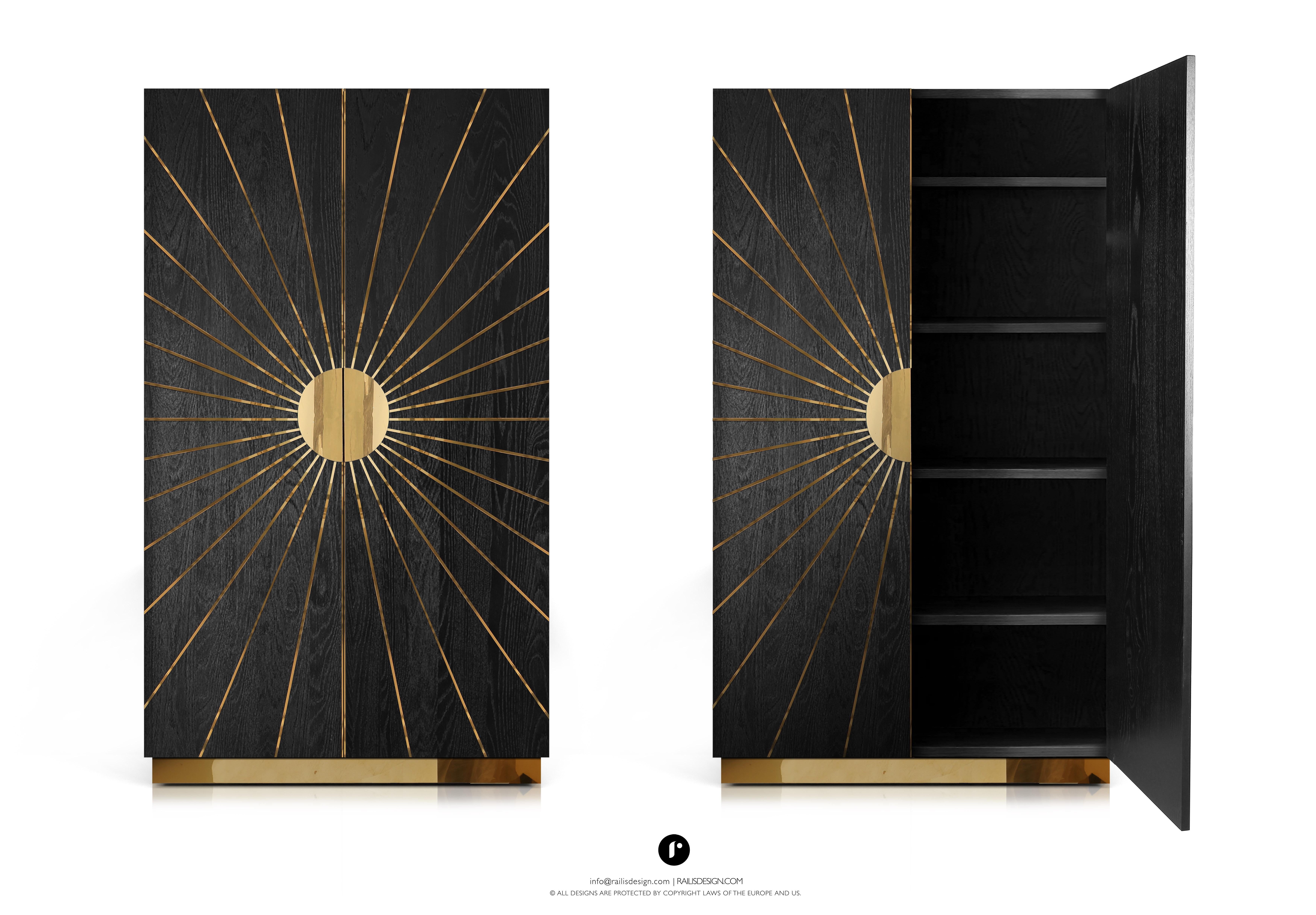 The Art Deco inspired 2 door wardrobe, is a striking piece perfect for contemporary interiors. Using black and gold as a classic combination to great effect. Designs are made with natural materials and are handcrafted one at a time. There may be